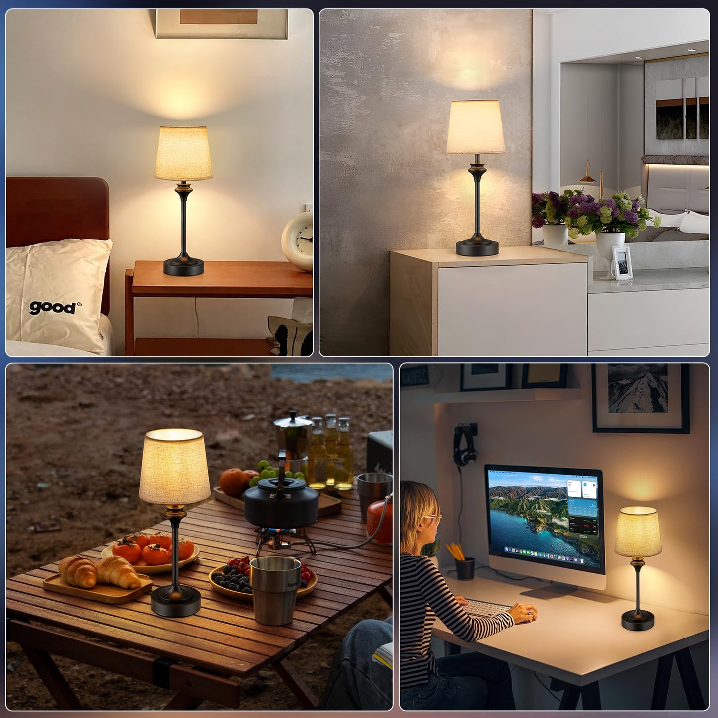 NIORSUN Portables Cordless Table Lamp,Flaxen Fabric Shade Battery Operated Lamp,5200mAh Bedside Table Lamp with Warm White,3 Way Dimmable Touch Desk Lamp for Bedroom Living Room Restaurant (Black)