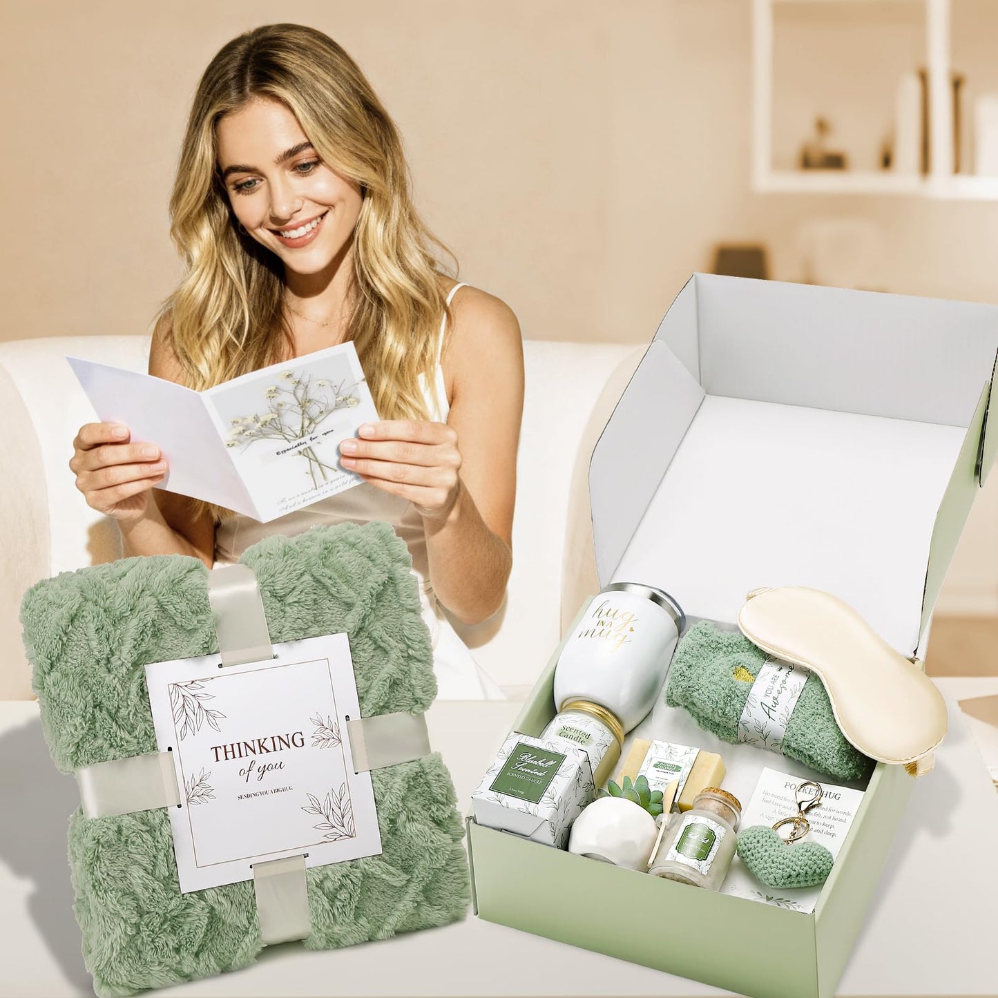 CuriBox Get Well Gifts for Women Self Care Gifts Basket - Relaxing Spa Care Package After Surgery Feel Better Sympathy Mothersday Birthday Gift for Her Mom Sister Friend Wife (Green)