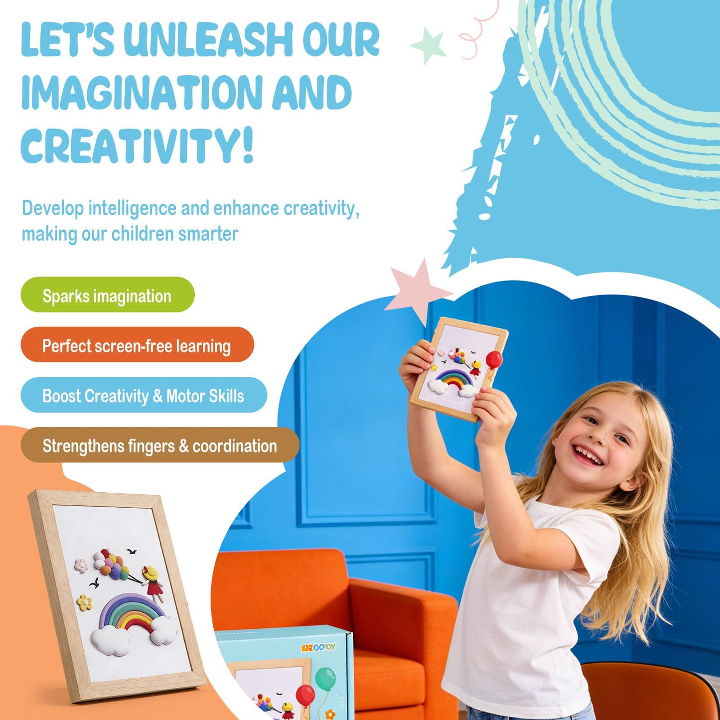 KizDoToy DIY Picture Frame Clay Art Kit for Kids - Rainbow Theme Air Dry Clay Set with Wooden Frame, Tools & Tutorial Cards, Creative Arts and Crafts Gift Set for Children Ages 3+