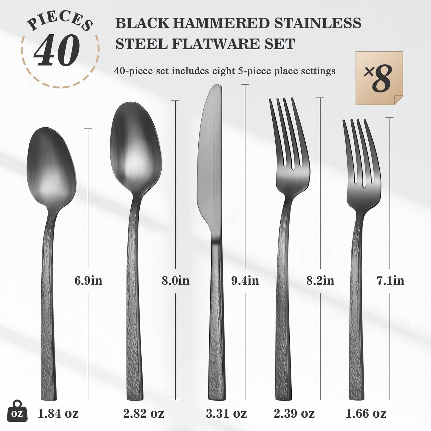 40-Piece Black Hammered Silverware Set for 8,Forged 18/10 Stainless Steel Flatware Set,Premium Food-Grade Cultery Set with Unique Ripple Design Handles ,Heavy Duty Tableware Set,Service for 8