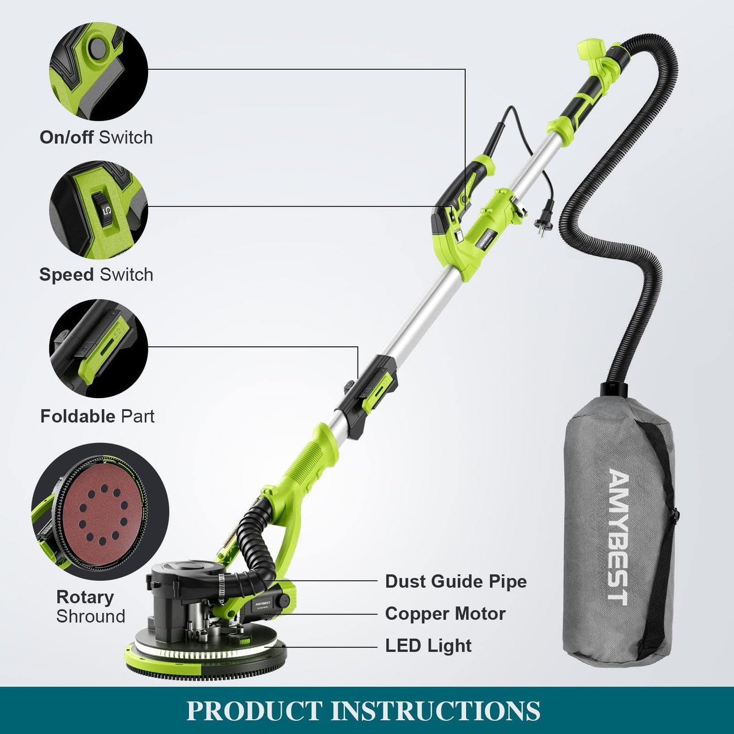 AMYBEST Drywall Sander, Powerful Electric Drywall Sander with Vacuum Dust Collection, 5 Speed 1000-2100 RPM, Popcorn Ceiling Remover, LED Light & 12 Sanding Discs, Extendable Handle (GREEN)