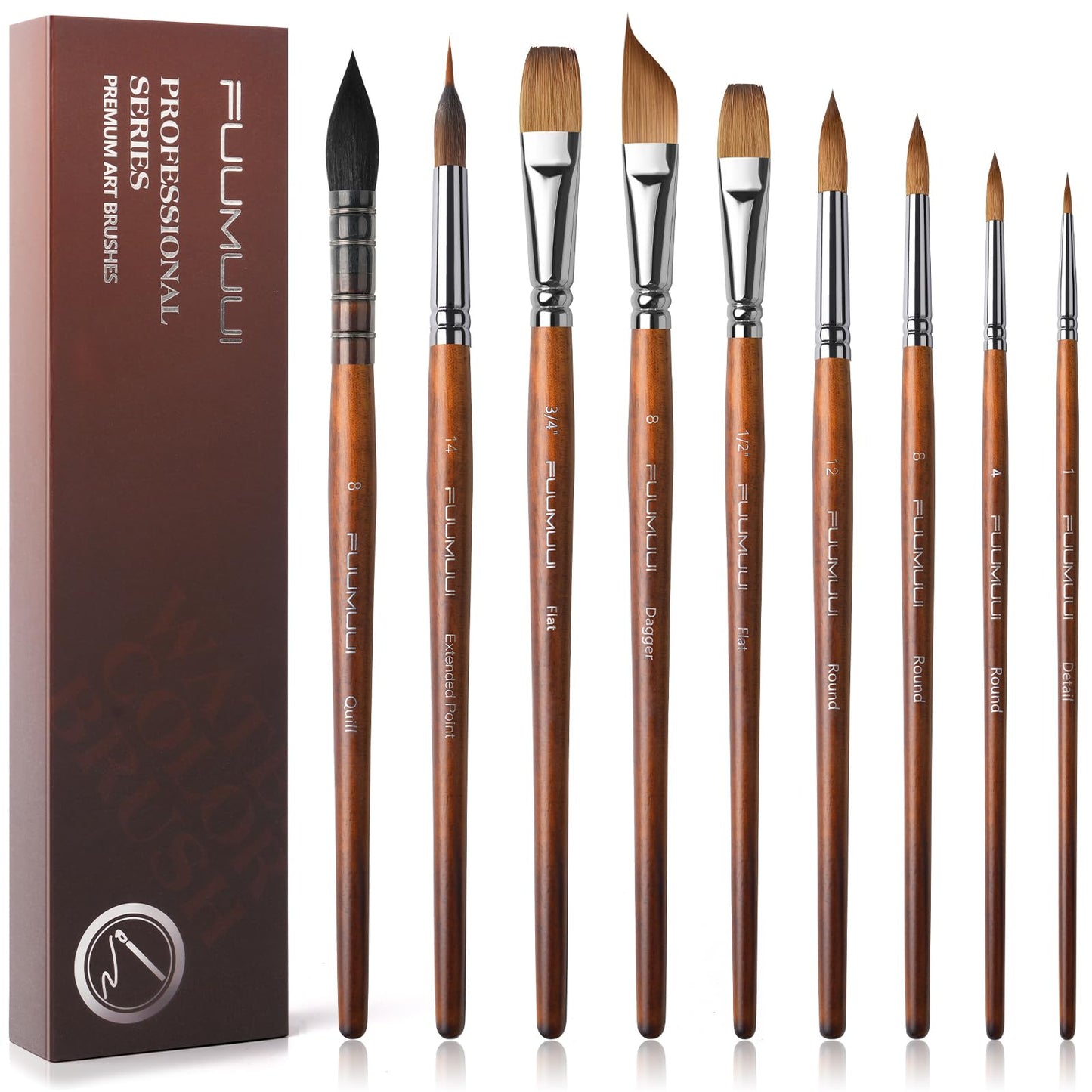 Watercolor Brushes Professional, Fuumuui 9pcs Sable Paint Brushes & Natural Squirrel Mop Brush Set with Extended Needle, Round Point, Flat, Dagger, Quill Wash for Watercolor Gouache Inks