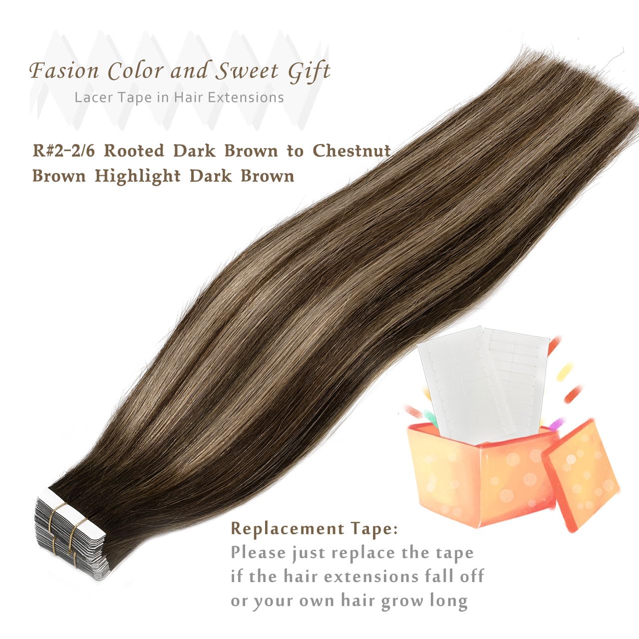 Lacer Ombre Tape in Hair Extensions Human Hair Chestnut Brown Mixed Dark Brown with Dark Brown Roots Seamless Double Sided Skin Weft Natural Hair Tape in Extensions 20 Inch 50g 20pcs