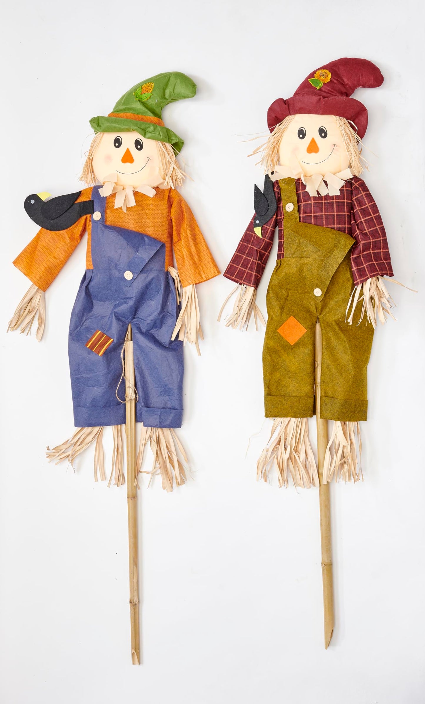 60" Scarecrow with Crow on Pole, Set of 2