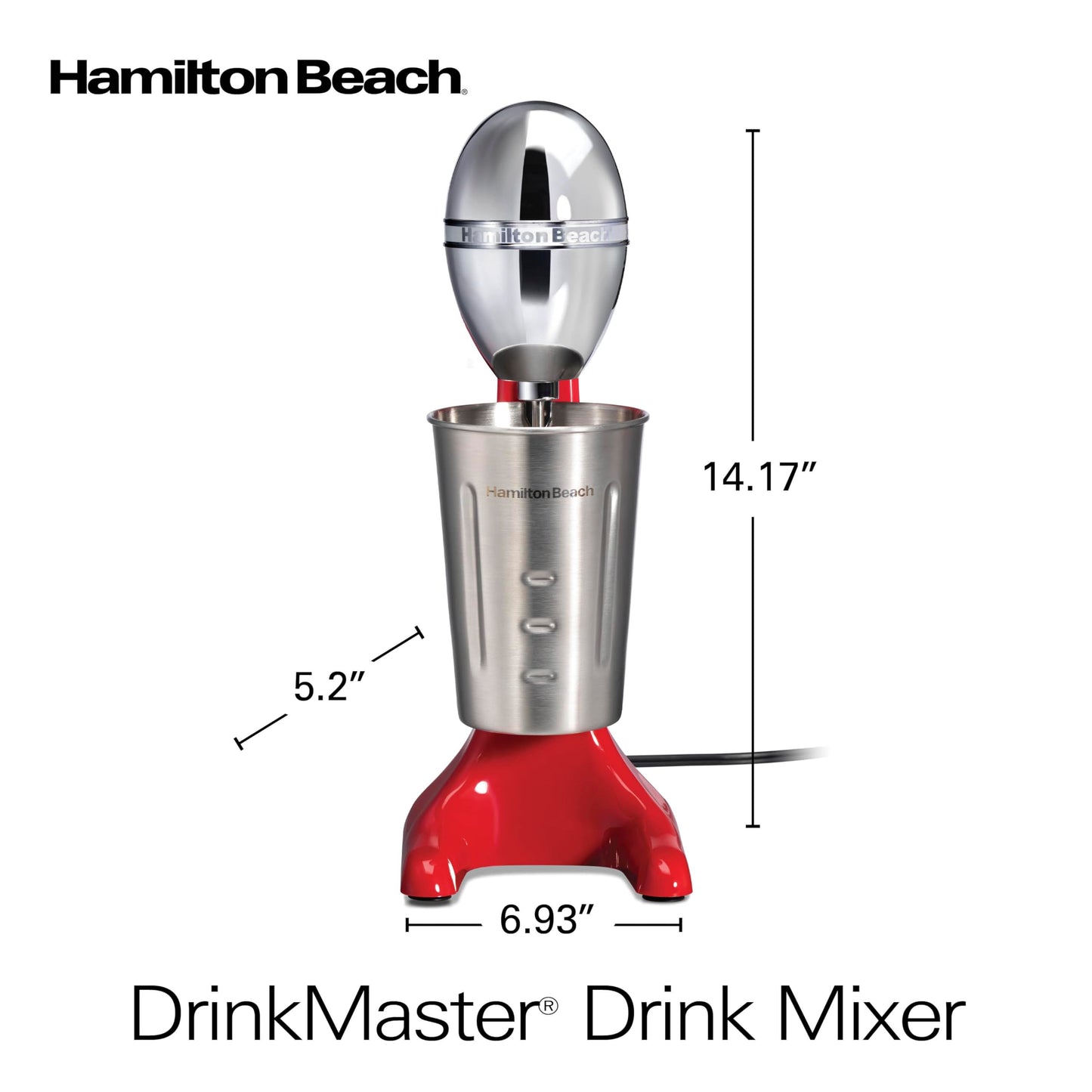 Hamilton Beach DrinkMaster Electric Drink Mixer, Retro Milkshake Maker & Milk Frother, 2 Speeds, Extra-Large 28 oz. Stainless Steel Cup, Red