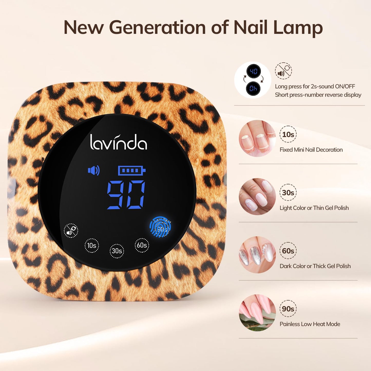 Lavinda UV LED Nail Lamp UV Light for Gel Nails 54W Cordless Rechargeable Nail UV Lamp Nail Light with 4 Timer, 2X Faster Professional Nail Polish Curing Lamp Nail Dryer for Salon Use-Leopard