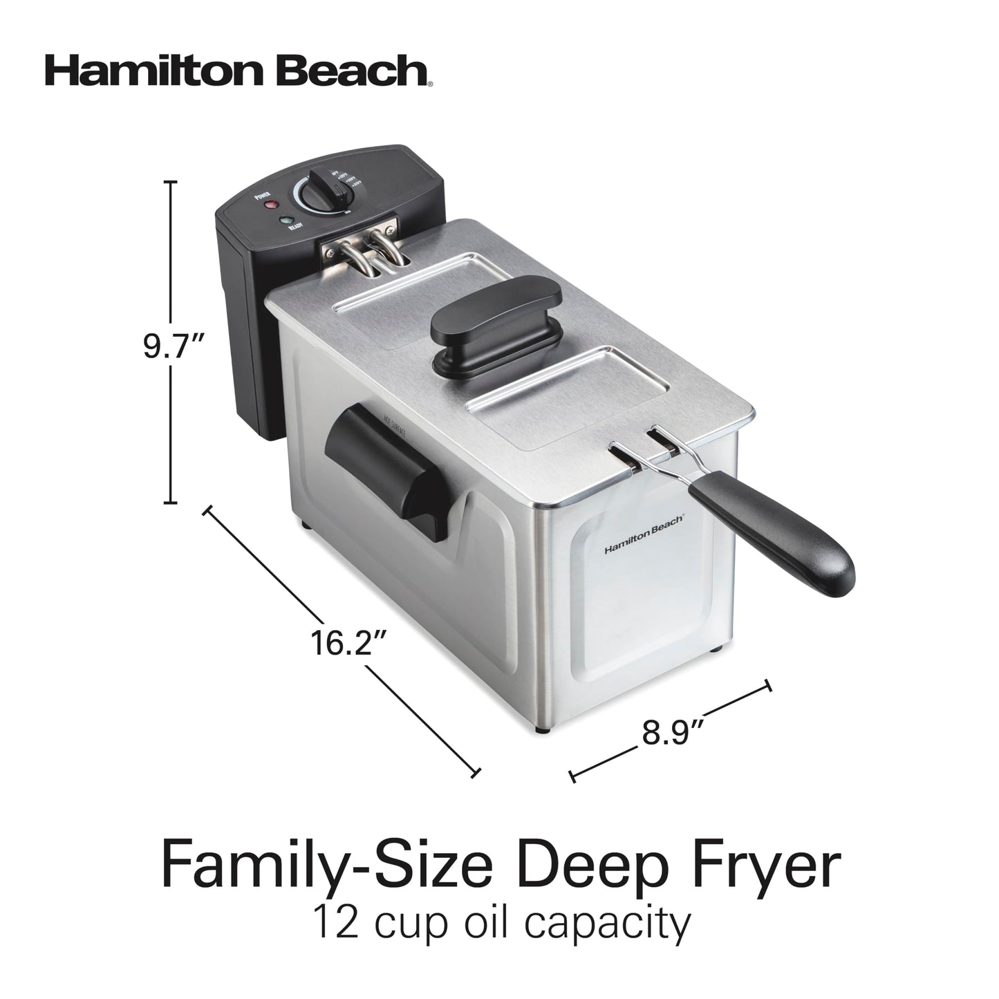 Hamilton Beach Family Style Electric Deep Fryer, Includes Frying Basket with Hooks, 1500 Watts, Easy Detach Magnetic Cord, 3 Liter / 12 Cup Oil Capacity, Stainless Steel (35220G)