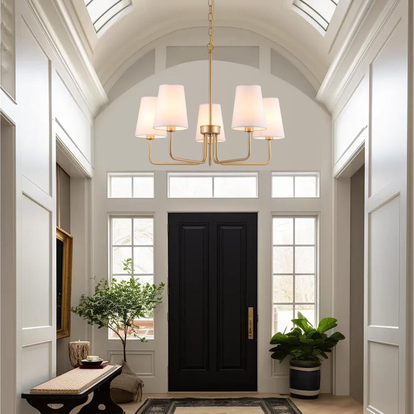 AMZASA Farmhouse Chandelier, 5-Lights Visual Comfort Gold Light, Muted Gold with White Fabric Shade, Linear Island Lighting Fixture for Kitchen, Dining Room