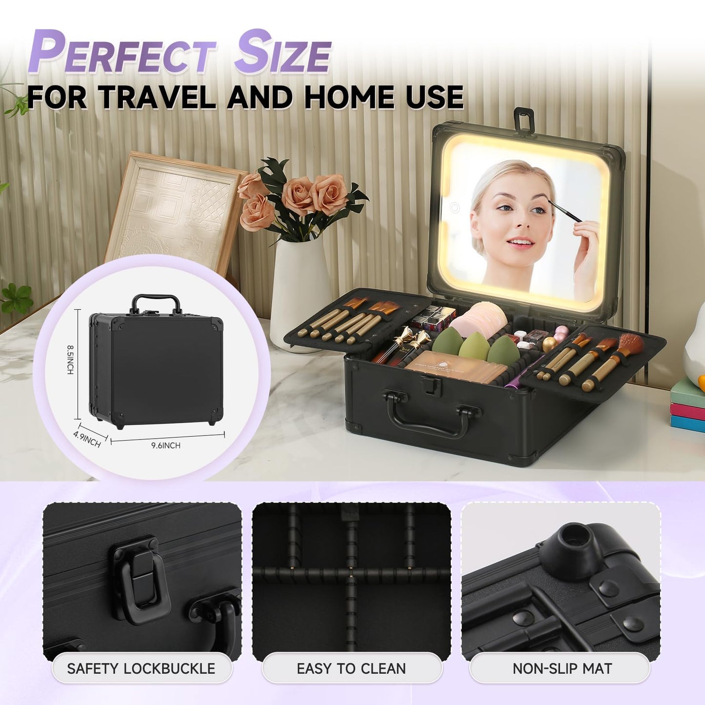 Leeora&Leekoo Makeup Box with A Detachable Lighted Mirror, Waterproof Travel Train Case, Cosmetic Organizer and Makeup Suitcase with Adjustable Dividers, LED Mirror (Black, Plane)