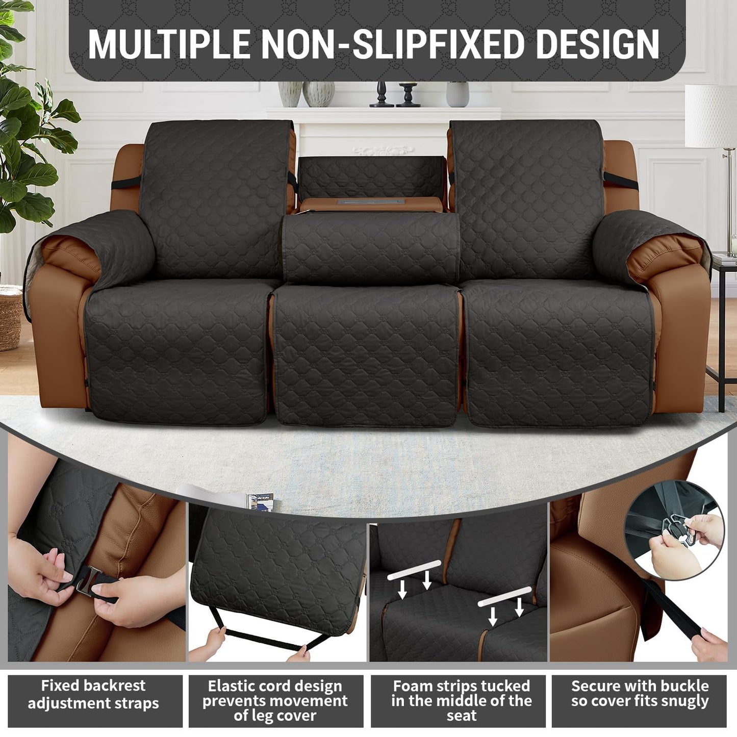 Rwoyno Waterproof Recliner Sofa Covers with Flipped Middle Backrest Washable Recliner Couch Covers Non-Slip with Elastic Straps Furniture Protector for Kid Dogs Pets (Dark Grey)