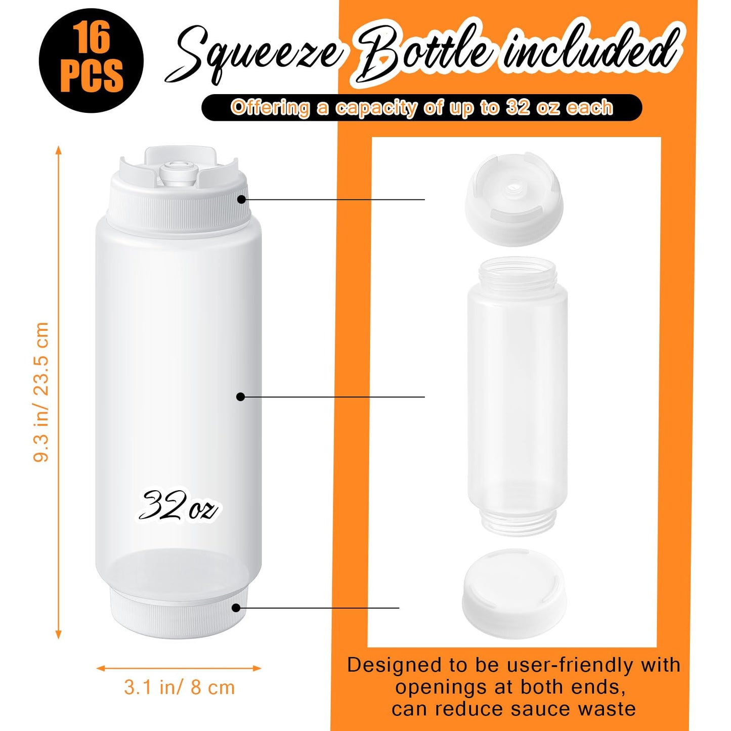 Singhoow 16 Pcs 32 oz Condiment Squeeze Bottles Restaurant Plastic Sauces Squeeze Ketchup Dispenser Inverted Refillable Large Clear Dressing Bottles for Restaurant Kitchen Catering