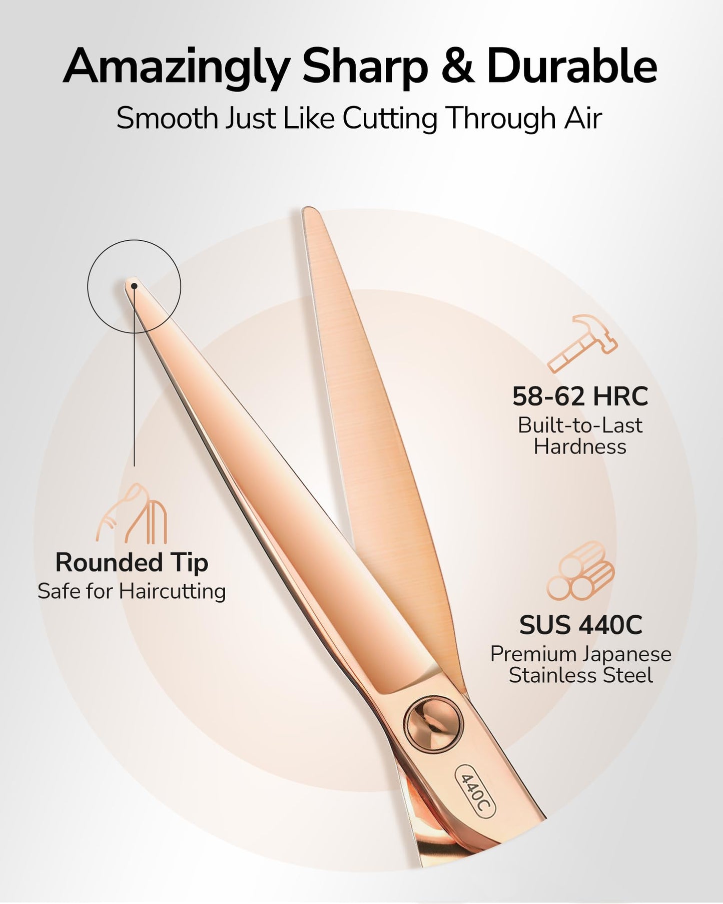 ULG Professional Hair Cutting Scissors with Luxury 18K Rose Gold Finish 6.5” Barber Scissors 440C Japanese Stainless Steel Hand-Honed Razor Sharp Blades Offset Handles Tension Adjustable, Right-Handed