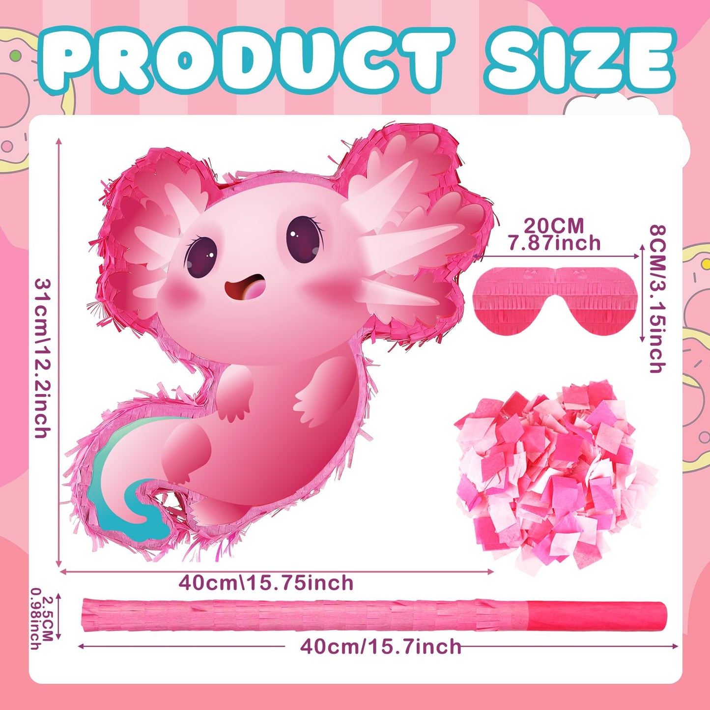 Seematn Axolotl Piñata Birthday Party Supplies Animals Piñata with a Blindfold, Bat and Confetti for Axolotl Party Favor Kid Girl Birthday Baby Shower Supplies, 15. 75 x 12. 2 x 2. 95 Inch