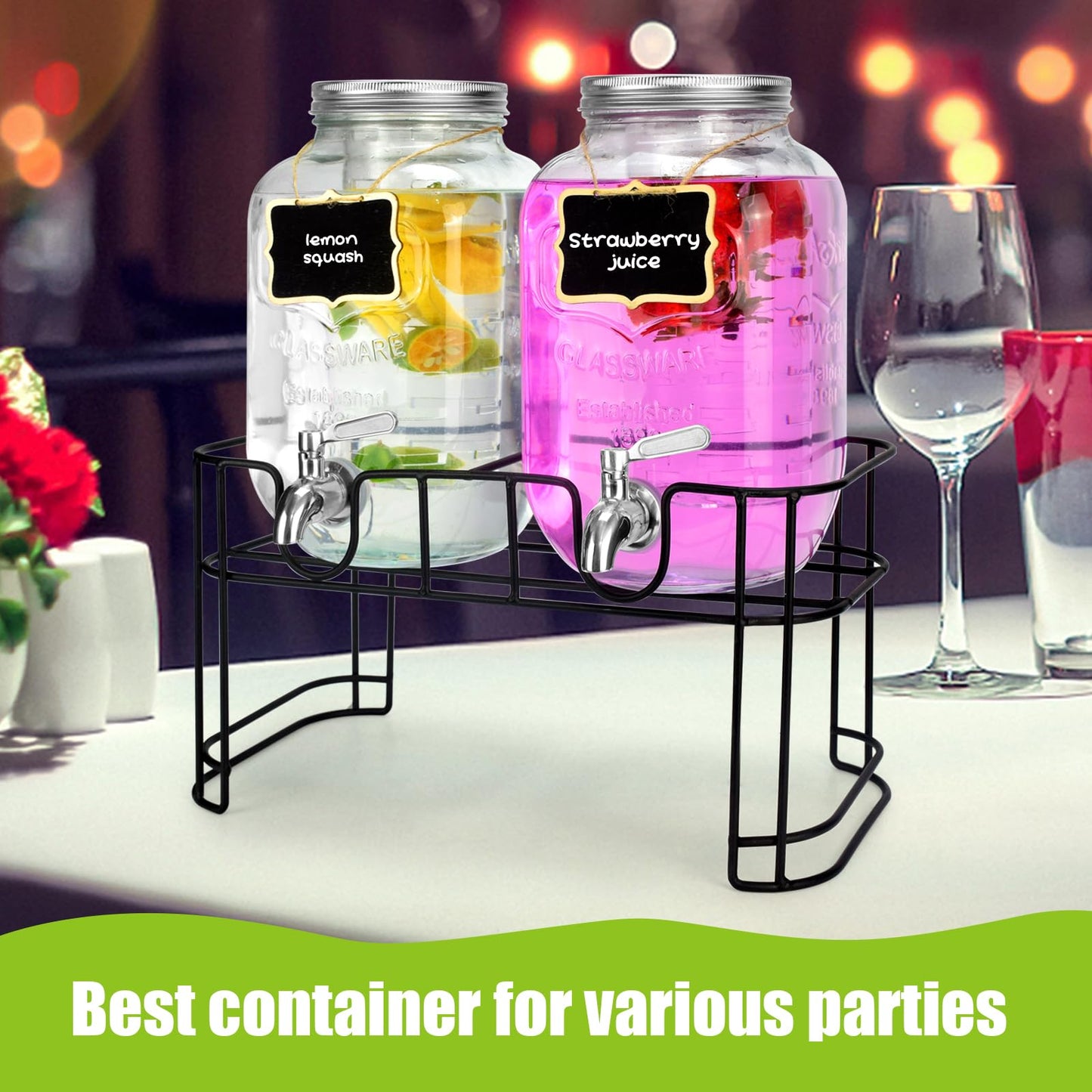 1 Gallon Glass Drink Dispensers For Parties 2PACK.Beverage Dispenser,Drink Dispenser With Stand And Stainless Steel Spigot 100% Leakproof.Glass Drink Dispenser With Ice Cylinder. Lemonade