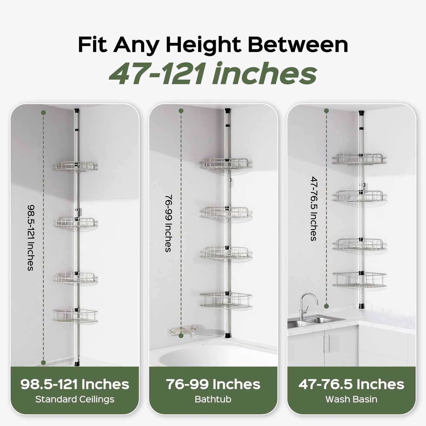HAMITOR Shower Caddy Tension Pole: 4-Tier Rustproof Bathroom Corner Shelf Organizer for Renter - No Drill Large Shampoo Storage Rack - Adjustable 47-121" - Space Saving Bathtub Accessory - Silver Gray