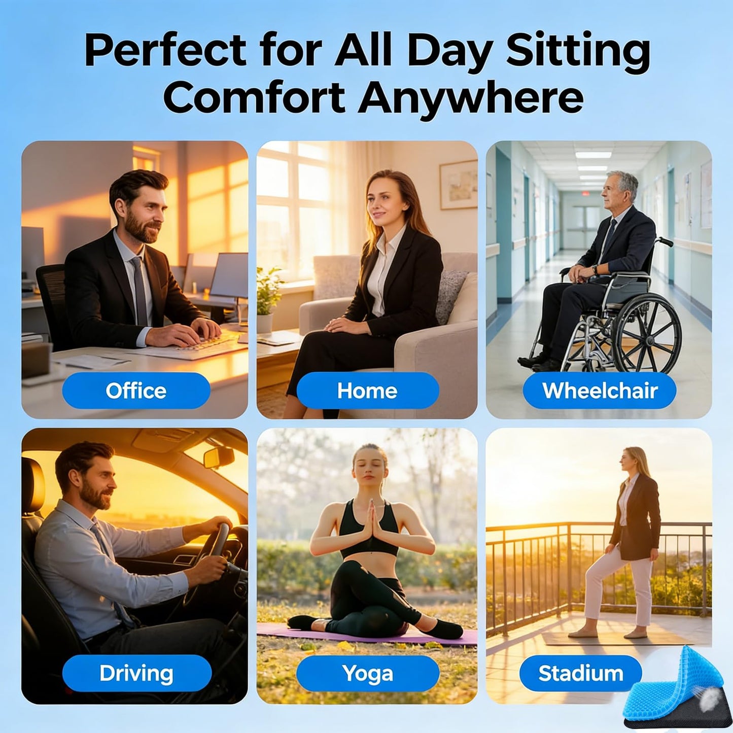Volosso Gel Seat Cushion, Cushion, Gel Seat Cushion for Long Sitting, Breathable Honeycomb Design Absorbs Pressure Points Chair Pad, for Office Chair, Wheelchair, Car & Truck (42 * 36 * 4.5cm)
