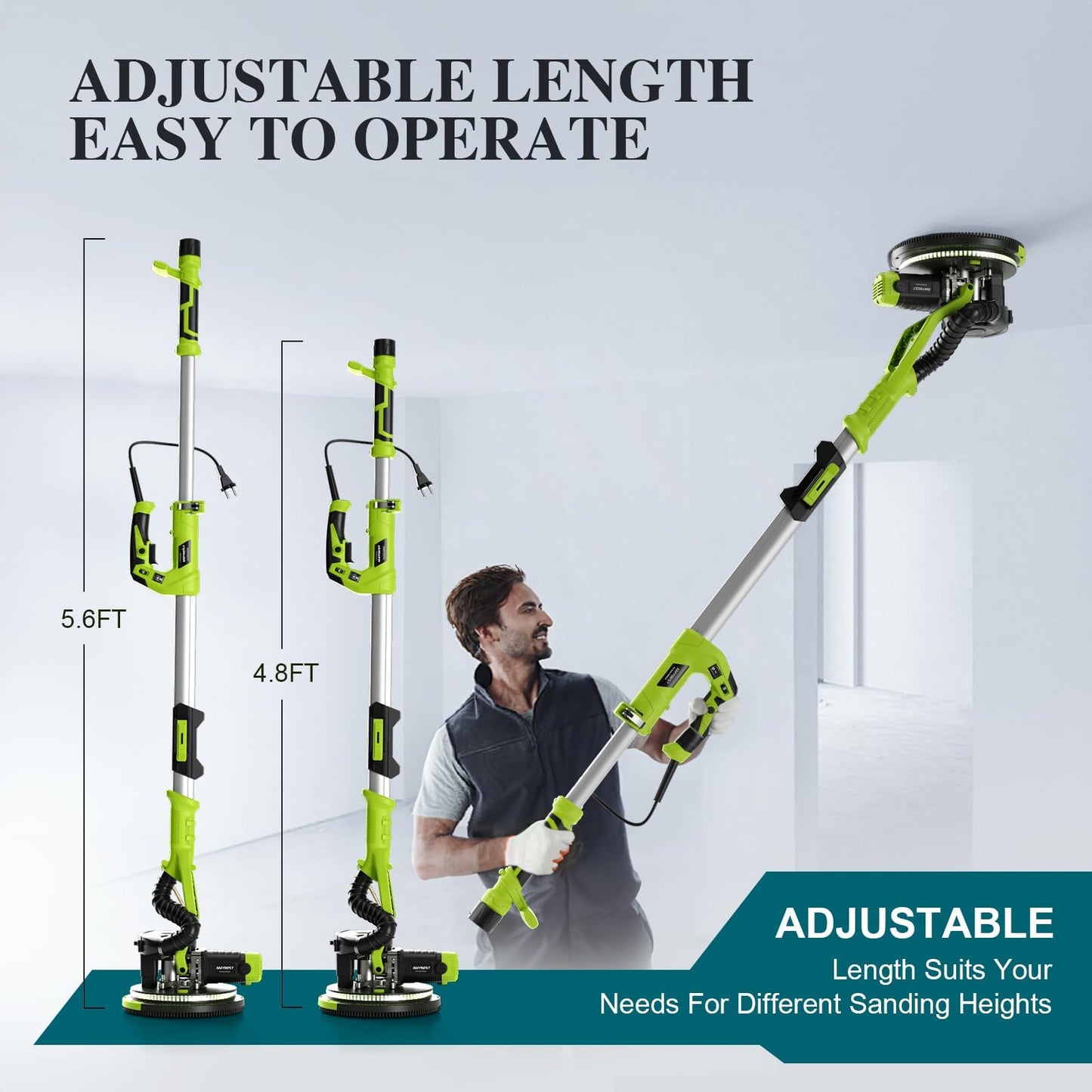 AMYBEST Drywall Sander, Powerful Electric Drywall Sander with Vacuum Dust Collection, 5 Speed 1000-2100 RPM, Popcorn Ceiling Remover, LED Light & 12 Sanding Discs, Extendable Handle (GREEN)