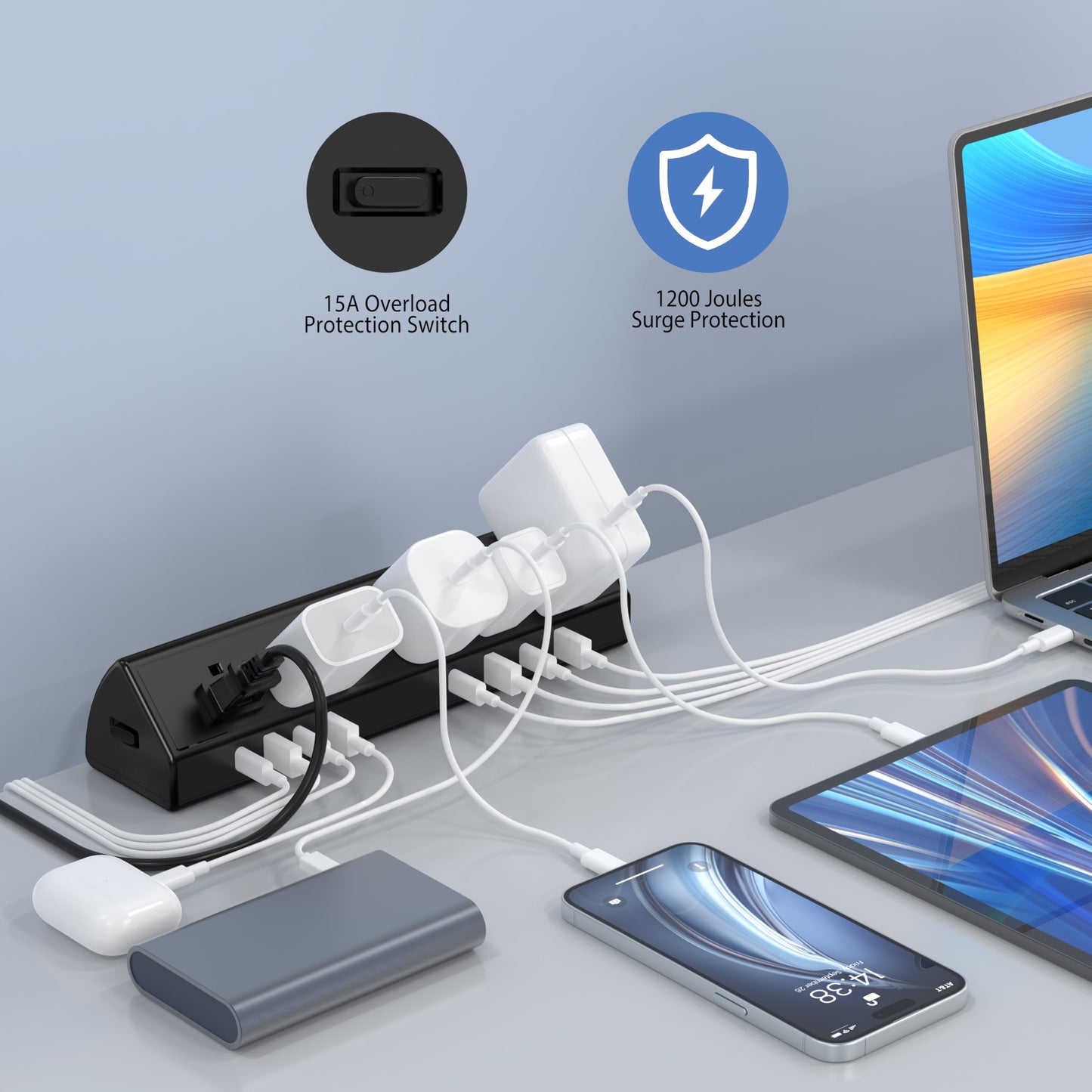 45W Fast Charging Station,Desk Clamp Power Strip,4 PD USB-C Ports,5 AC Outlets,Surge Protector Power Strip, 14AWG Heavy Duty Cord, Fits 1.9" Tabletop Edge (Black, 6 FT Cable)