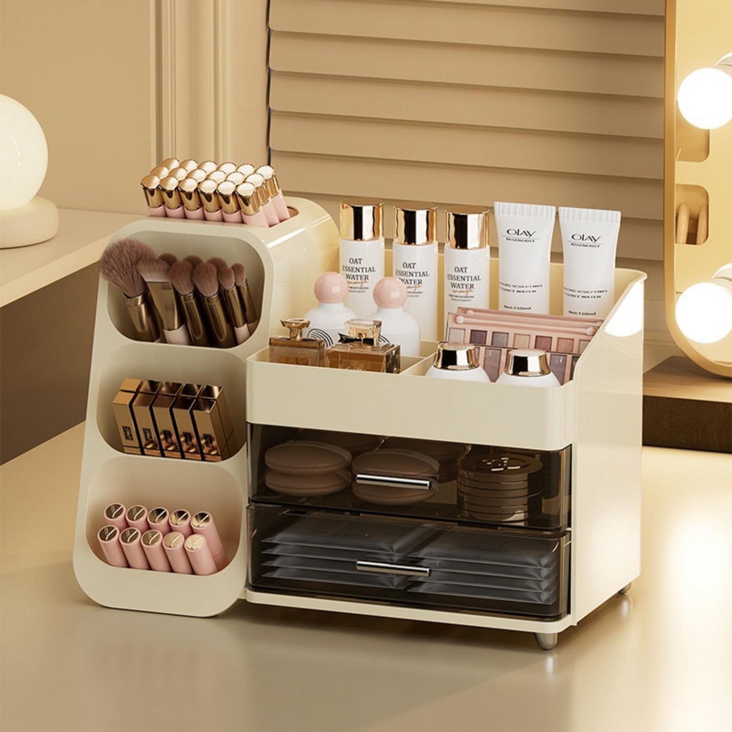 KQJS Makeup Organizer with Drawers,Large Capacity Countertop Organizer for Vanity,Bathroom and Bedroom Desk Cosmetics Organizer,Easy To Storage Skincare,Brushes, Eyeshadow, Lotions, Lipstick (Cream)