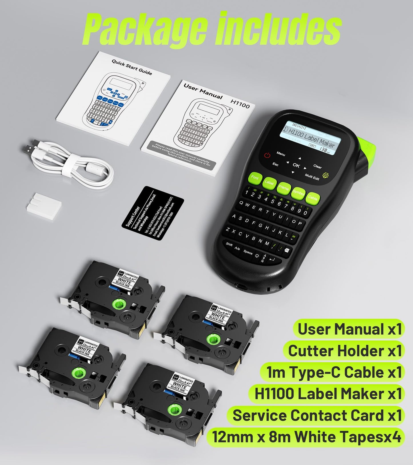 VolenGo Label Maker Machine with 4 Tapes, Wire Label Maker Waterproof-Labels, Laminated Handheld Label Printer, Backlit & Portable & 3 Cable Modes, H1100 Labeler for Industrial Office Organization