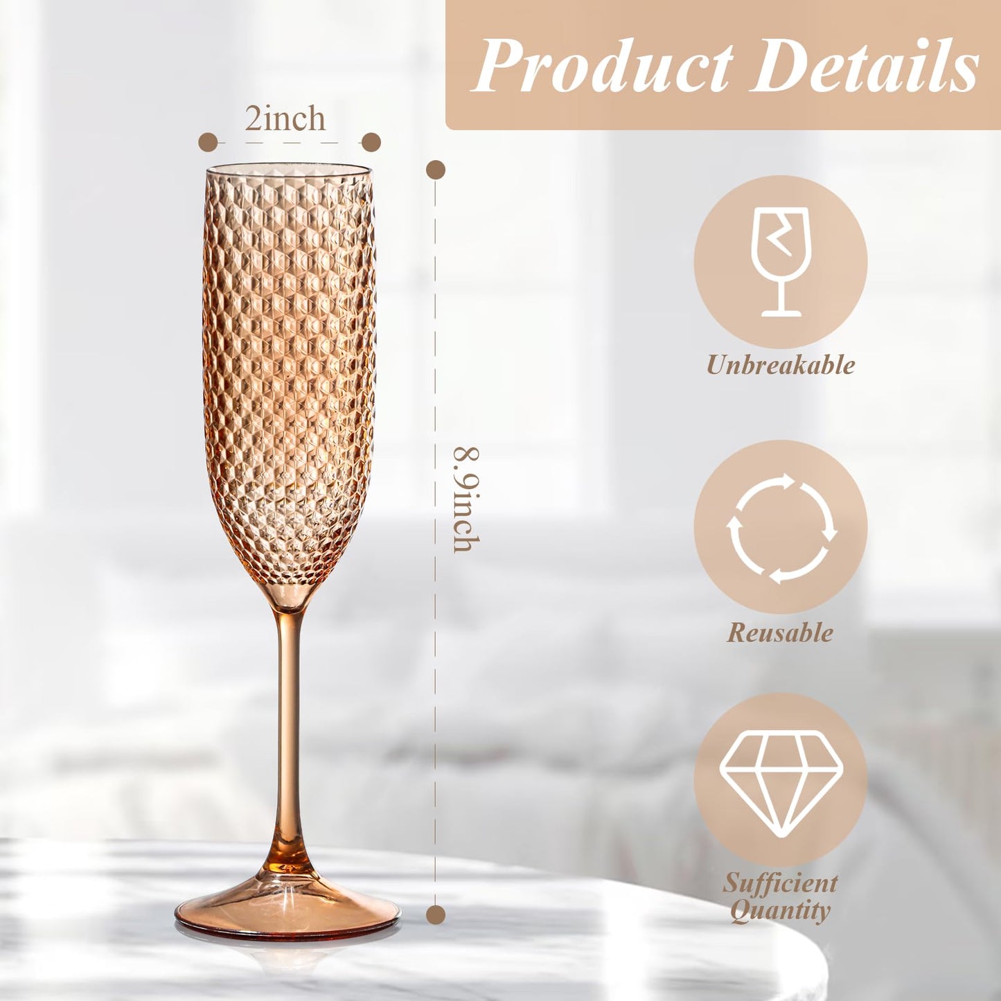 24 Pack Plastic Champagne Flutes Rose gold Champagne Glasses Unbreakable Wedding Toasting Glasses Diamond Wine Glasses Crystal Clear Party Wine Cups Vintage Drinking Glasses 5.5 OZ for Bridal Shower