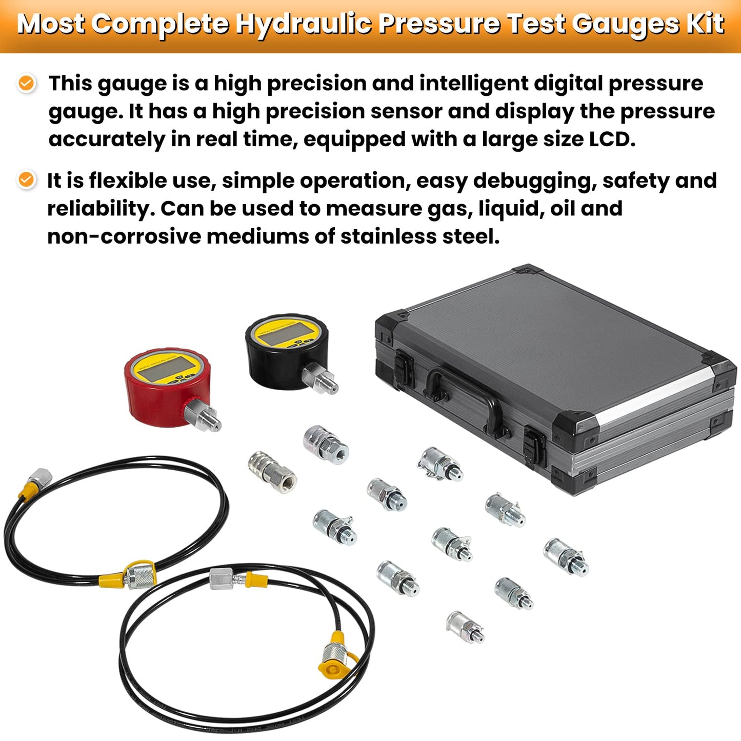 70M Digital Hydraulic Pressure Test Coupling Kit Hydraulic Pressure Gauge Kit for Excavator Construction Machinery 2 Gauges 2 Test Hoses 11 Couplings 700BAR/10000PSI/70Mpa