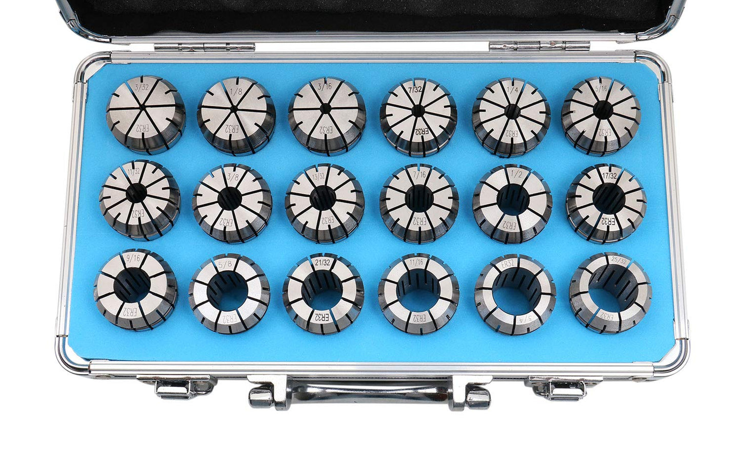 Accusize Industrial Tools - Precision ER32 Collet Set, 18 Pcs, Sizes 3/32'' to 25/32'', High Accuracy, Durable Storage Box, 0223-0880