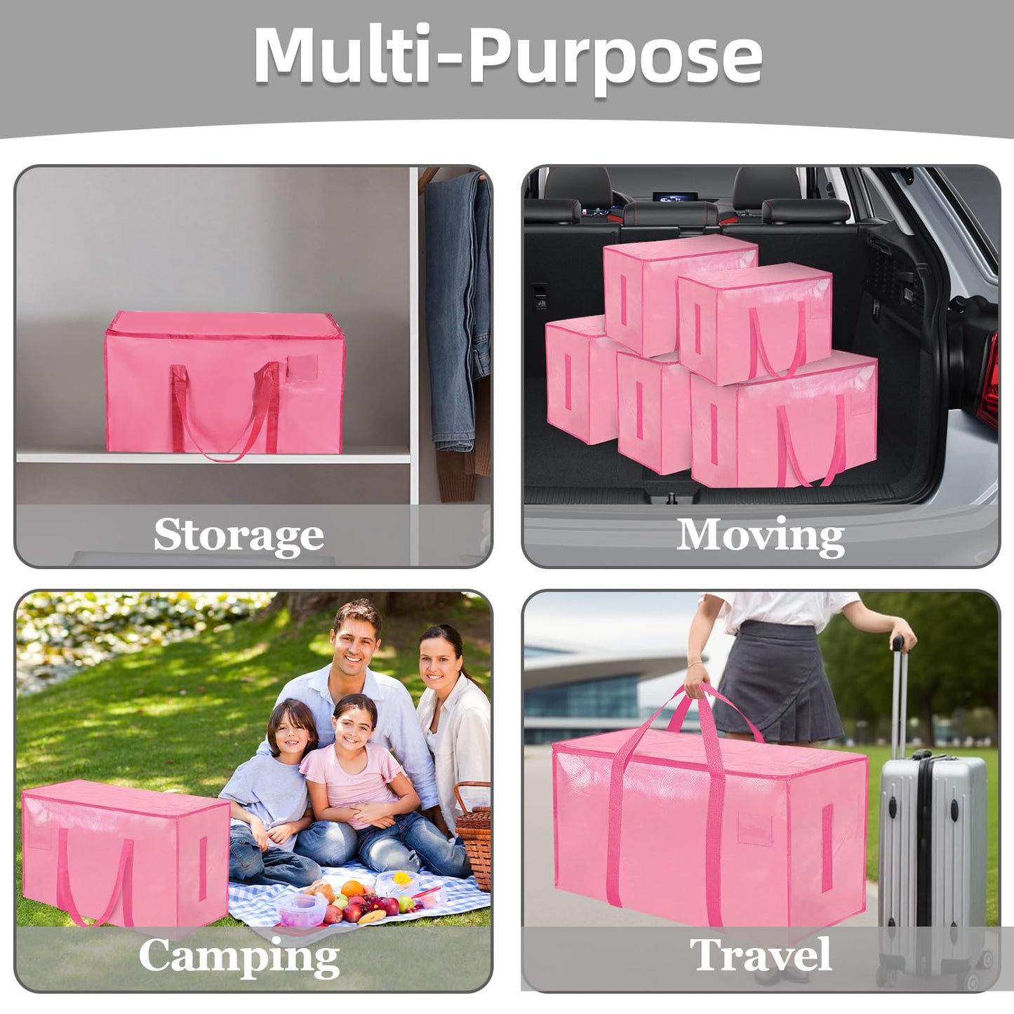 8 Pack-Extra Large Heavy Duty Moving Bags - Waterproof Storage Totes with Handles & Zippers, Foldable for College Dorm, Storage (Pink)