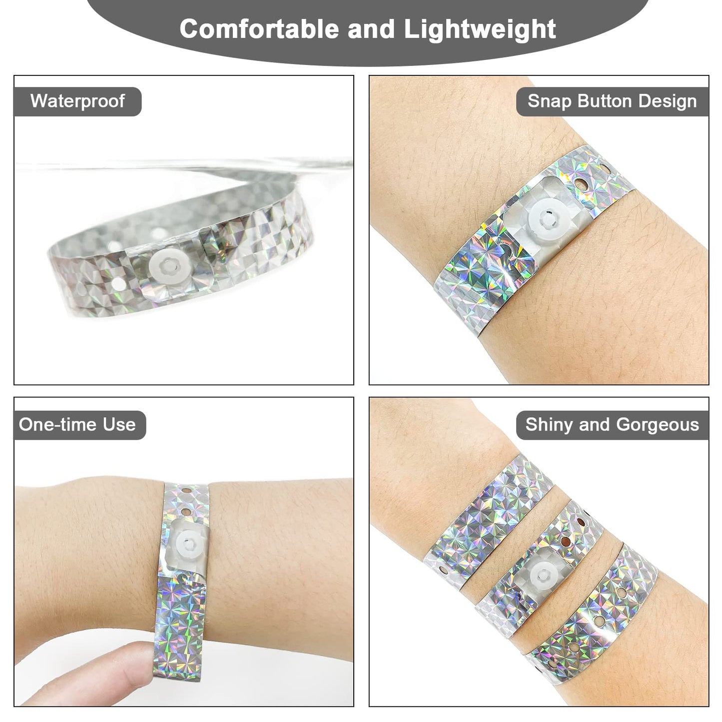 OUCHAN Holographic Plastic Party Wristbands Silver- 500 Pack Vinyl Wristbands for Events Club Music Meeting