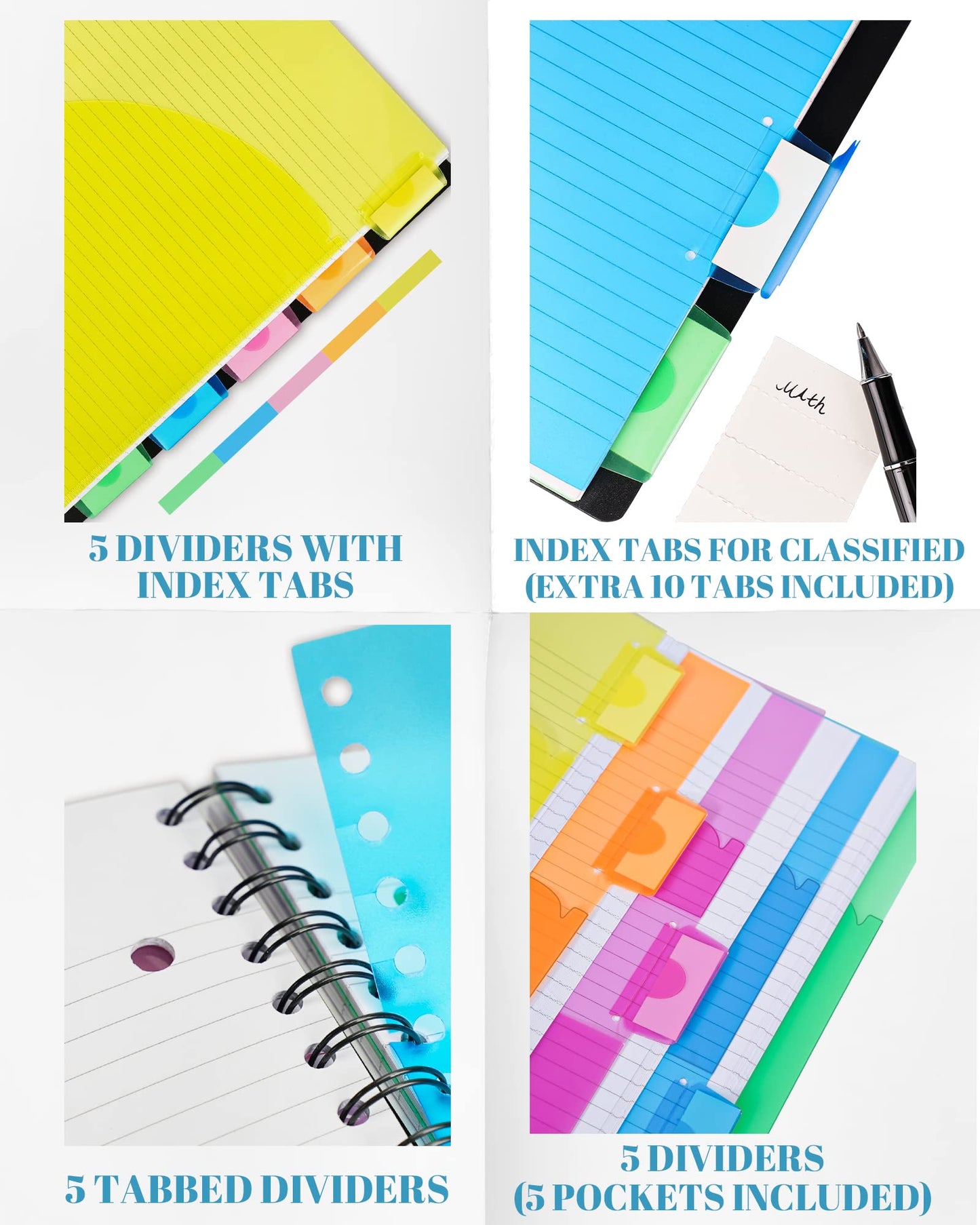 MOWEE 5 Subject Notebook, 3 Pack College Ruled Notebook with Storage Divider Pockets, Index Tabs, 11" Ruler, 200 Pages, for School, Business, Office Supplies, 8.1''x11.7''(Black Red Blue
