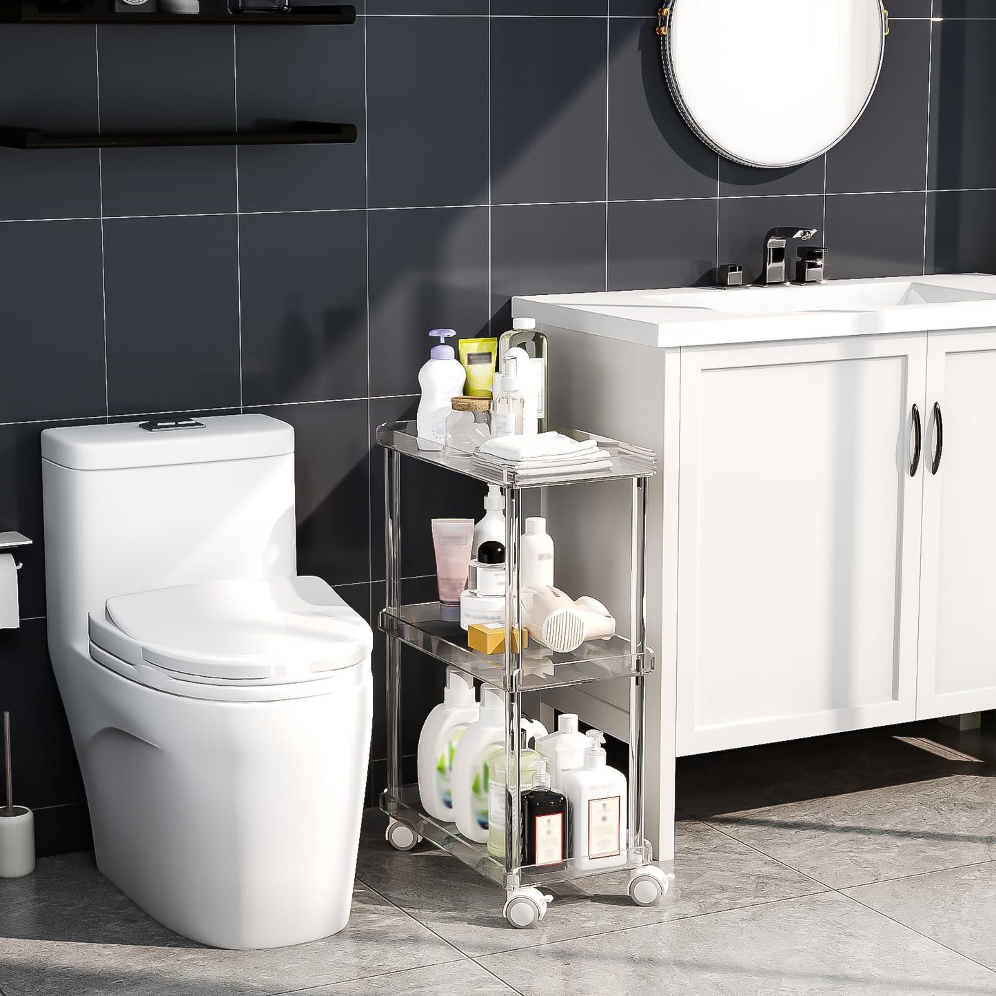 Aquiver Acrylic Slim Storage Cart - 3 Tier Utility Rolling Cart - for Kitchen, Bathroom, Living Room, Laundry, Narrow Places - 15.6'' L x 8.7'' W x 23.6'' H