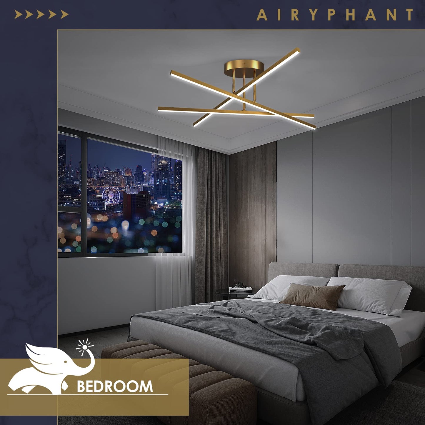 AIRYPHANT Gold LED Chandelier, 3-Lights Modern Semi Flush Mount Ceiling Lighting Fixture for Kitchen Dining Room Foyer Entry Bedroom, 23.82” 18W