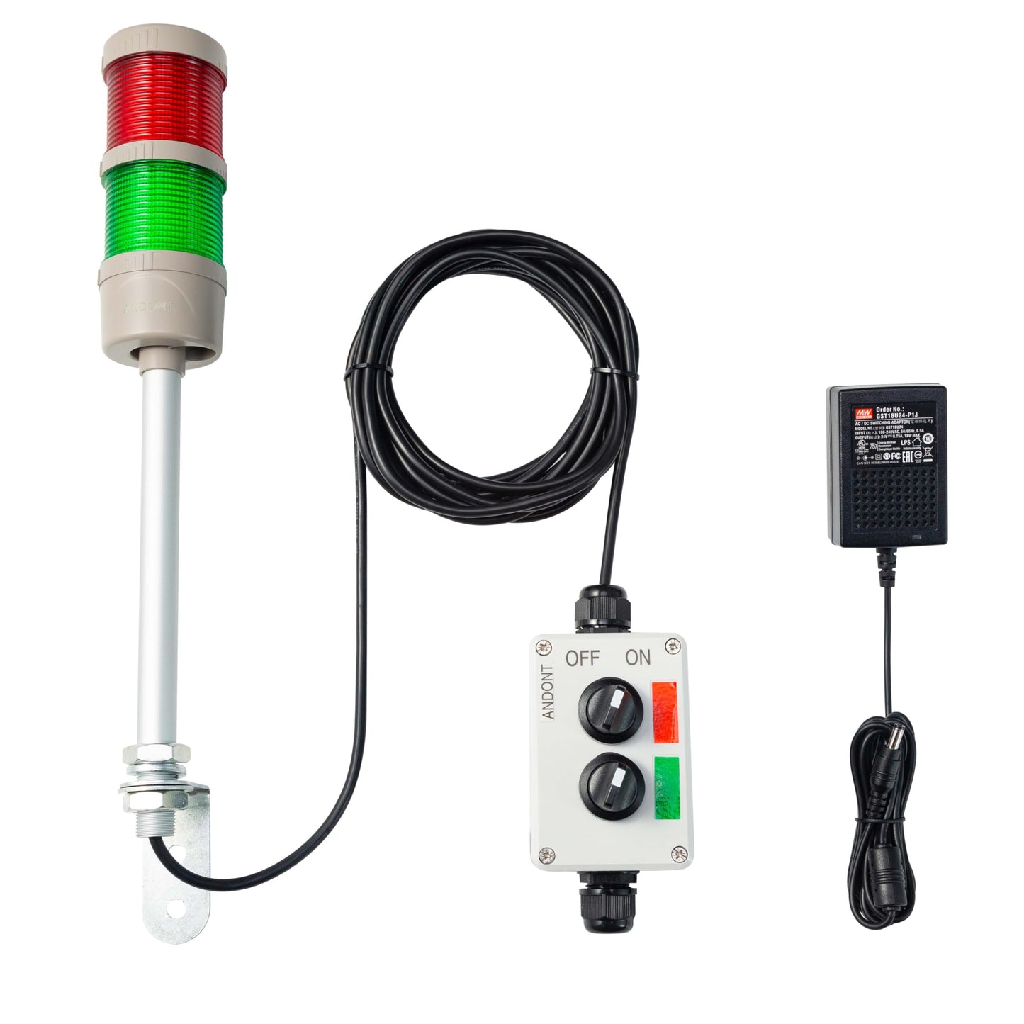 ANDONT 2 Stack Super Bright LED Andon Tower Lights with Buzzer, Red/Green, Off-ON or Flash,16 ft Extension Cord, 6 ft Industrial Adapter, IP53, 2.36" Diameter 15.6" Length, Plug Play Ready