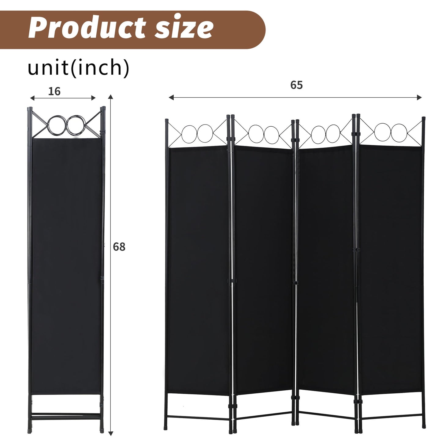 FDW 4 Panel Room Divider and Folding Portable Partition Screen, 6FT Wall Divider Screen for Dorm Bedroom Office, Coal Black