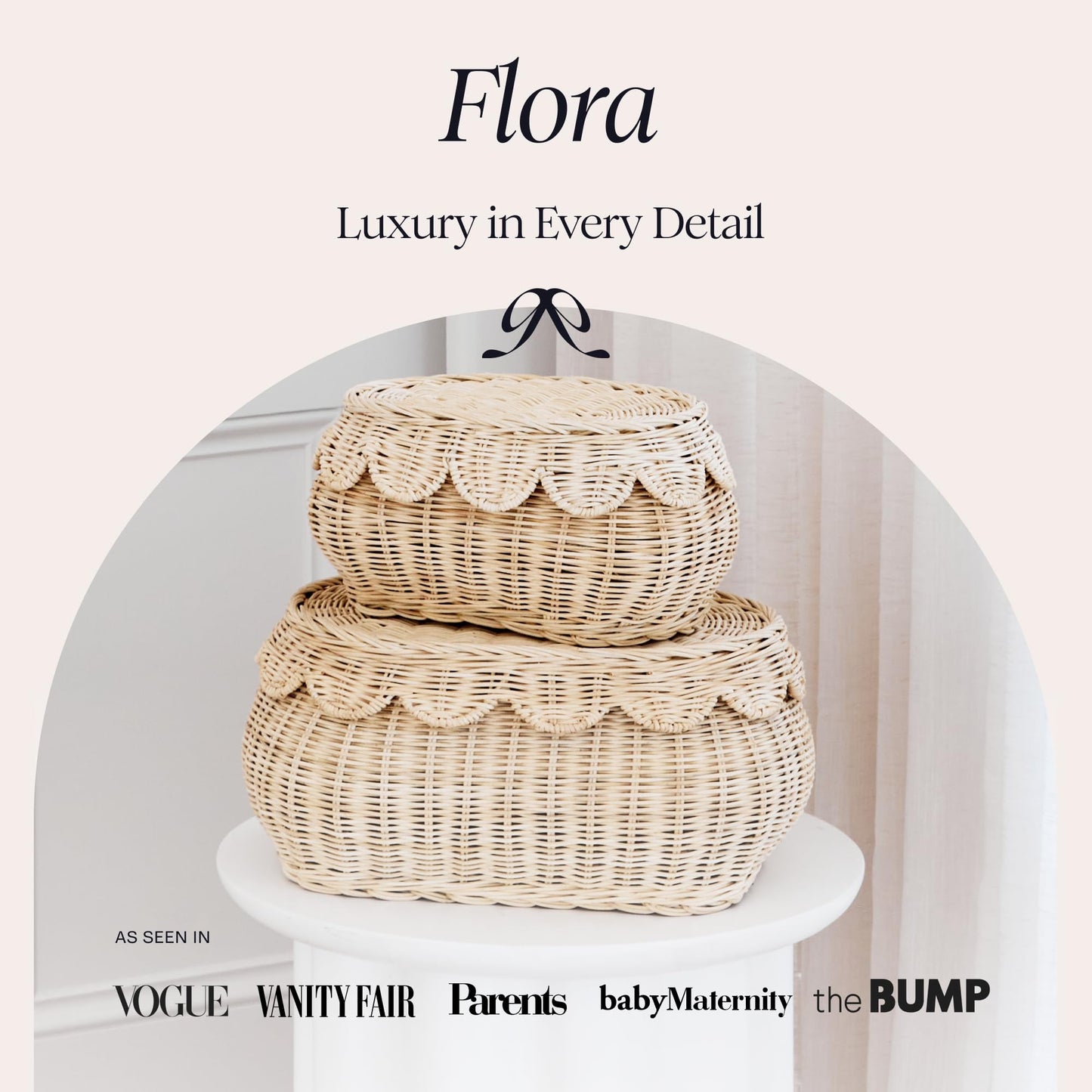 BEBE BASK The Original Scalloped Basket Set Of 2 – Small Scallop Basket - 15 x 10 x 6 In - Hand-Woven & Award-Winning - Elegant Wicker With Scalloped Edge Lid - Nursery Storage - (Natural)