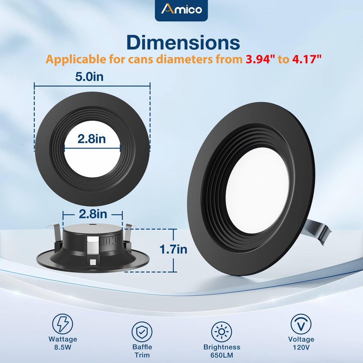 Amico 4 Inch 5CCT LED Recessed Lighting 12 Pack, Dimmable, Damp Rated, 8.5W=60W, Can Lights with Baffle Trim, Retrofit Installation, ETL&FCC, Black