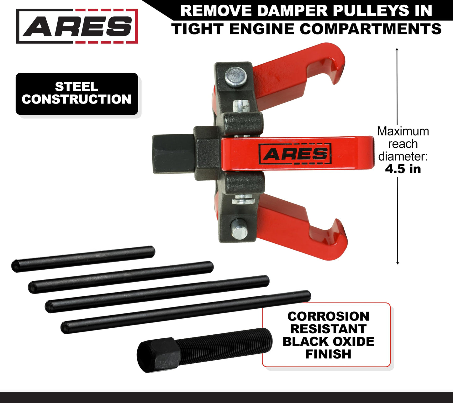 ARES 71002 - Harmonic Balancer Puller Kit - Adjustable 3-Jaw Puller Fits Most Late Model Automobiles & Trucks - Remove Damper Pulleys in Tight Engine Compartments Without Removing The Radiator