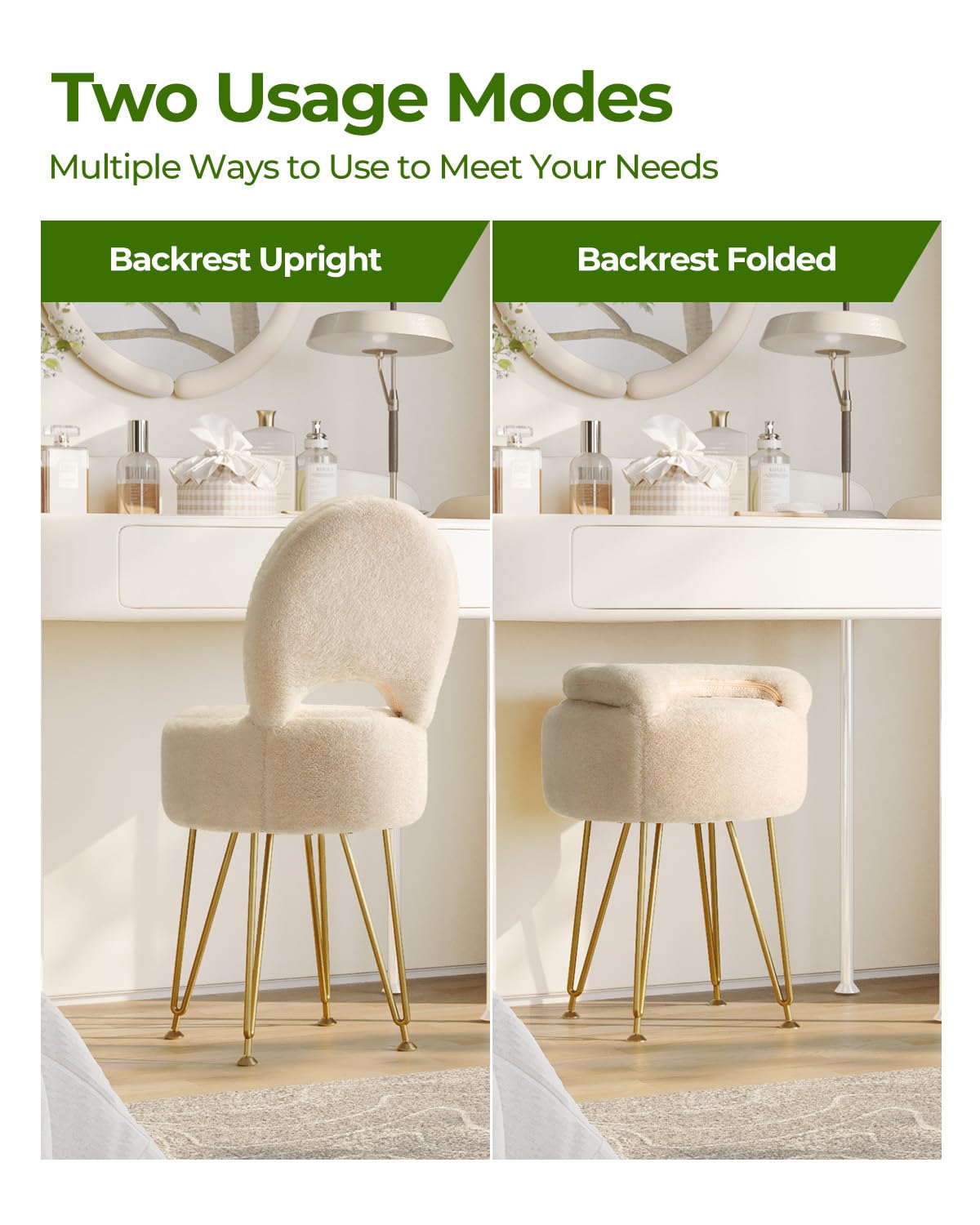 GREENSTELL Small Vanity Stool Chair with Storage and Folding Back, 13" x 13" x 17.7" Faux Fur Soft Ottoman for Teenager, 4 Metal Legs with Anti-Slip Feet, Furry Padded Seat for Makeup, Bedroom, Camel