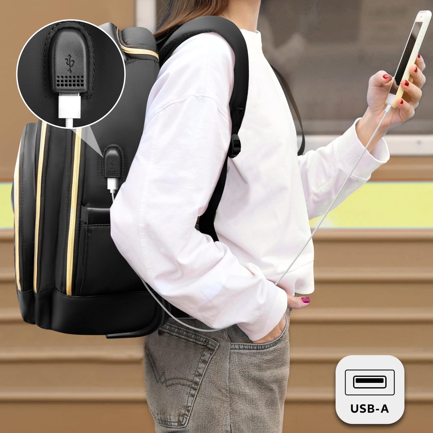 Arcoyard Small Rolling Backpack for Women, Lightweight Travel Backpack with Wheels, Roller Backpack for Adults, Water Resistant Rolling Laptop Bag, Wheeled Underseat Carry On Luggage, Black Gold