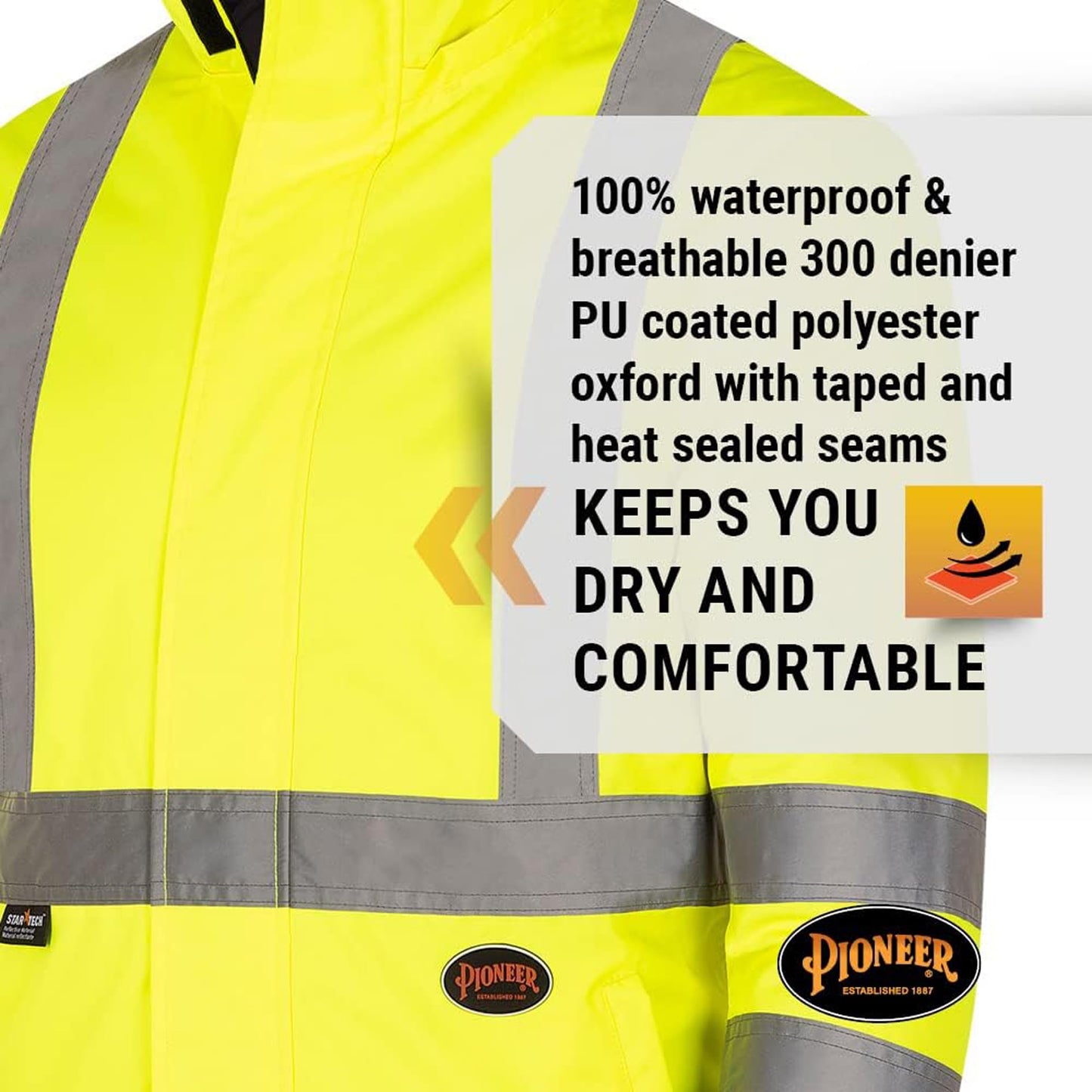 Pioneer Hi Vis 2-in-1 Safety Rain Jacket for Men & Women - Reverses to Black Puffer - Reflective Waterproof Gear - Class 3