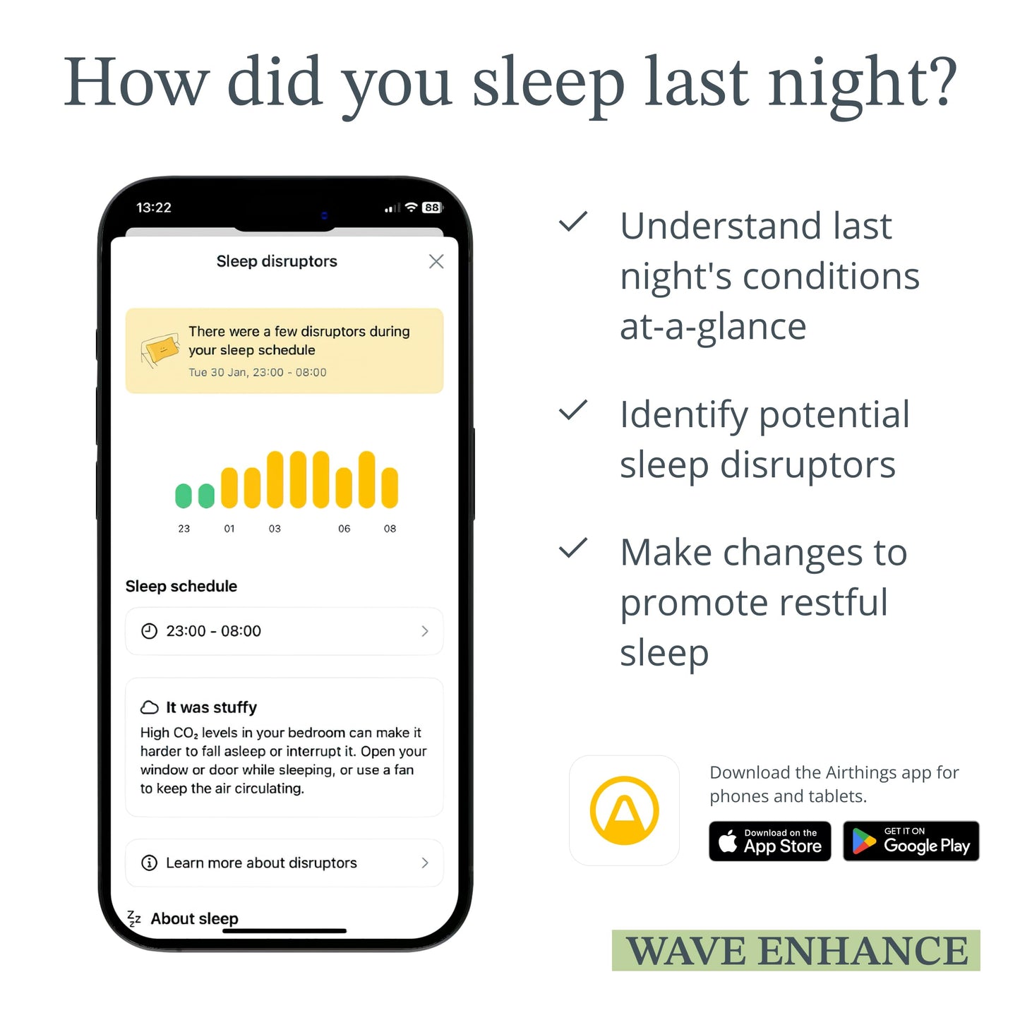 Airthings 322 Wave Enhance -Indoor Air Quality Monitor for CO2, VOC, Humidity, Temp, Pressure plus Noise & Light Sensors - Monitors Conditions for Sleep in Bedrooms & for Concentration in Home Offices