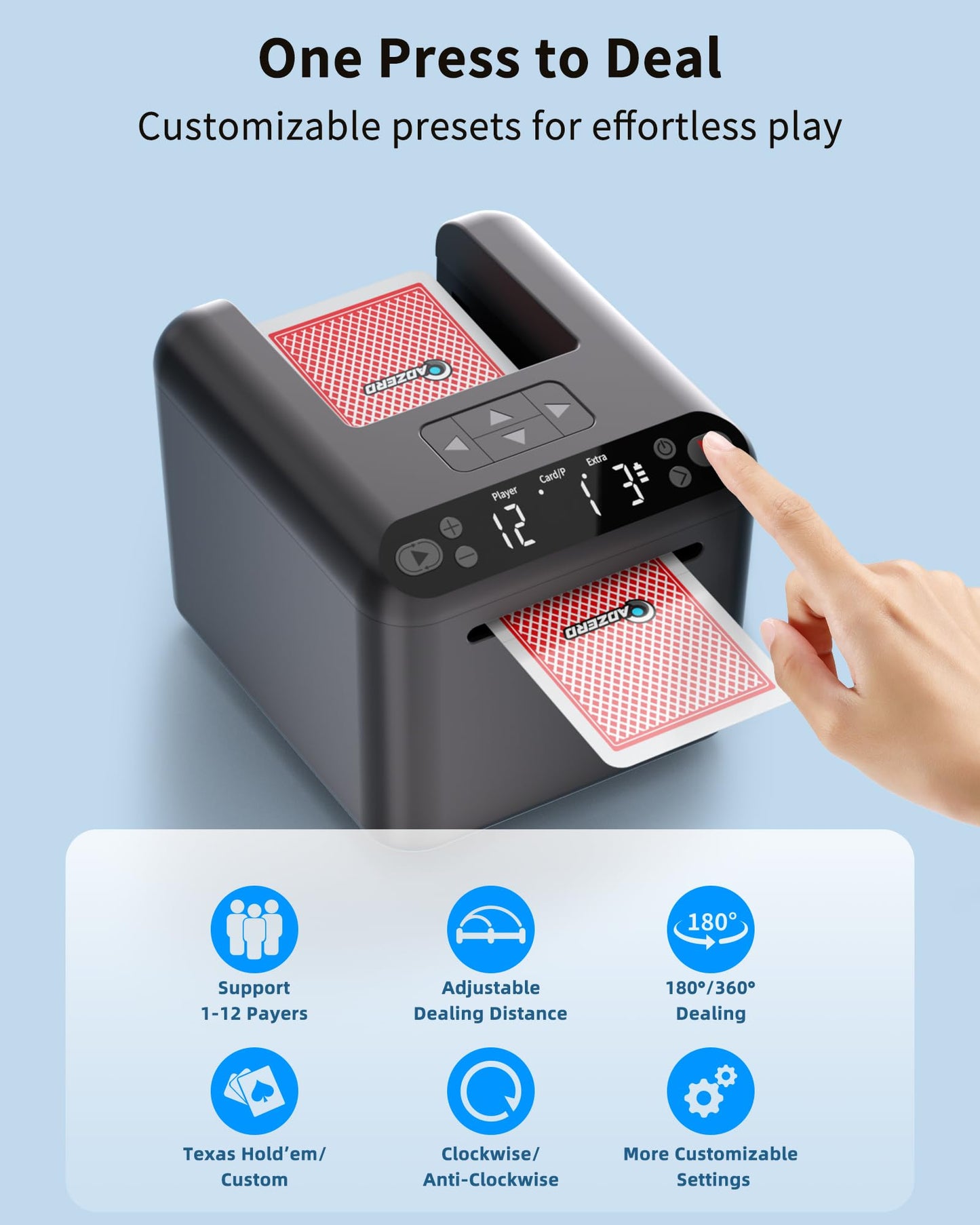 ADZERD Automatic Card Dealer Machine - Rechargeable for 1/2/3 Decks, 1-12 Players, Adjustable Dealing Distance, Quiet, 360° & 180° Rotation, Compatible with Poker, UNO, Bridge, Blackjack & More