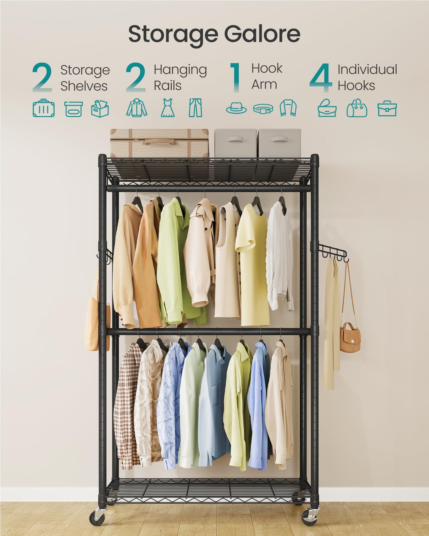 SONGMICS Heavy-Duty Rolling Clothes Rack, Garment Rack, Portable Closet on Wheels, with Adjustable Mesh Shelves and Hanging Rails, Hooks, 15.8 x 35.4 x 78.3 Inches, Ink Black ULGR416BH01
