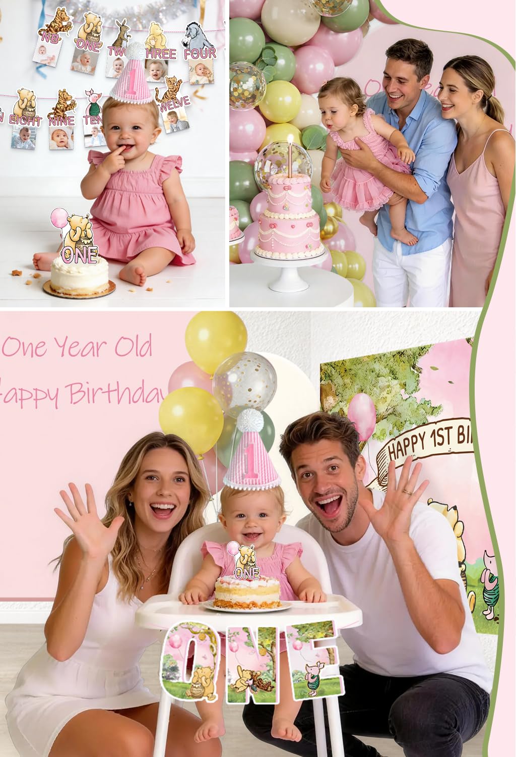 Fexivo 273 PCS Bear 1st Birthday Decorations, All-in-One Baby Girl 1st Birthday Decorations Set with Plates, Napkins, Serves 25, 2 Tablecloths, Balloon Arch, Backdrop & Banner, Pink