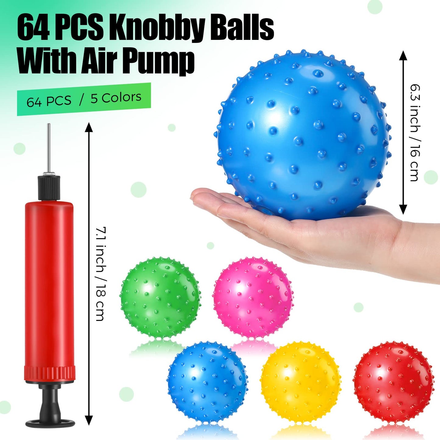 64 Pieces 6.3 Inch Knobby Balls for Kids Sensory Balls with Air Pump Small Inflatable Bouncy Soft Spiky Toddler Bounce Party Favors Summer Beach Pool Baby Massage Stress Play Set, 5 Colors