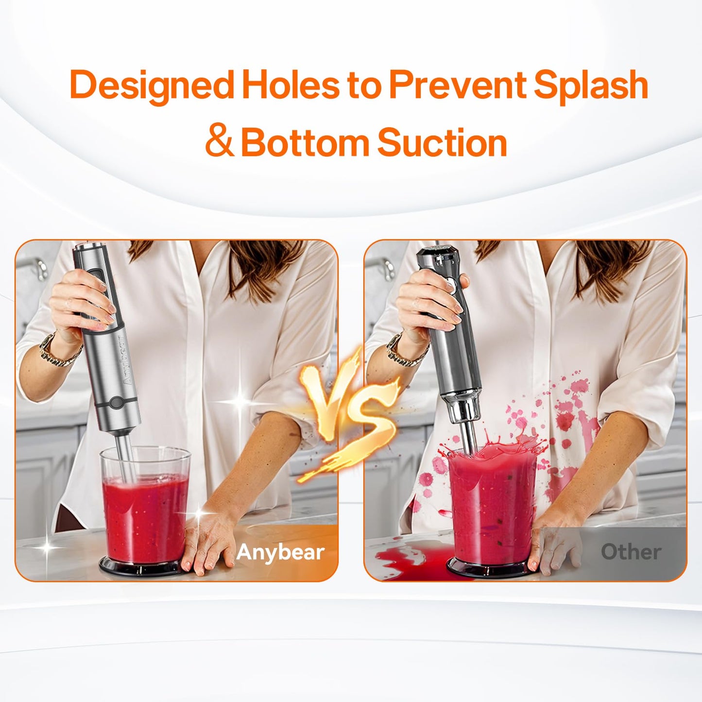 Anybear Immersion Blender, 1100W 2-in-1 Hand Held Blender with Full Copper Motor & Stainless Steel Body, 15 Speed & Turbo Mode Hand Mixer, Blade with Anti-scratch Coating