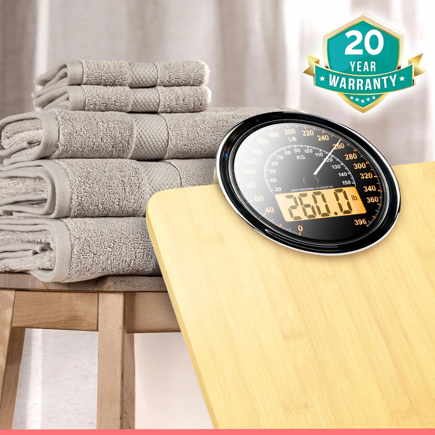 Adamson Hybrid 2-in-1 Analog & Digital Weighing Scale for Body Weight up to 400lbs + Thick Tempered Glass + Extra Large Display + Easy to Read Digital Bathroom Scale + New - Wood