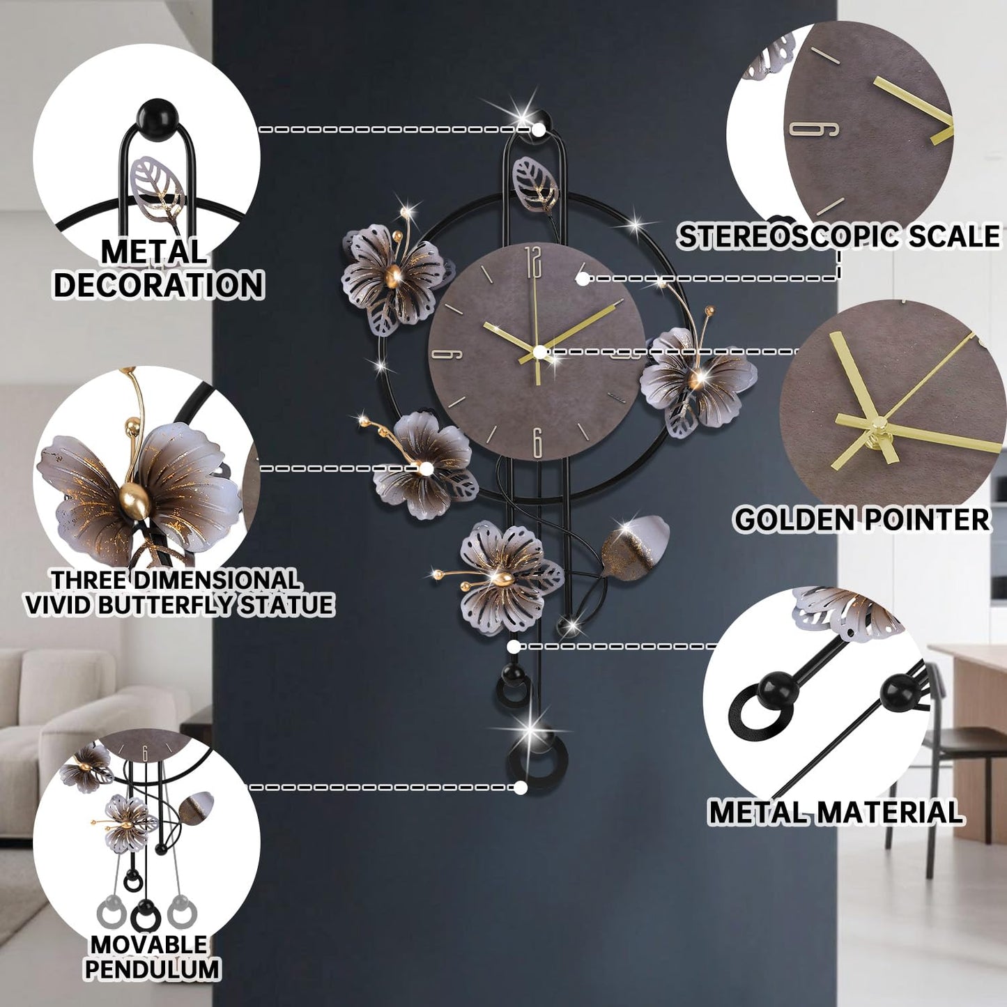 Wall Clock, Silent Quartz Movement Battery Operated with Pendulum, Oversized Metal Modern Large Wall Clocks for Living Room Bedroom Farmhouse Office Kitchen Home Wall Decor-18.8x29.5Inch(Brown)