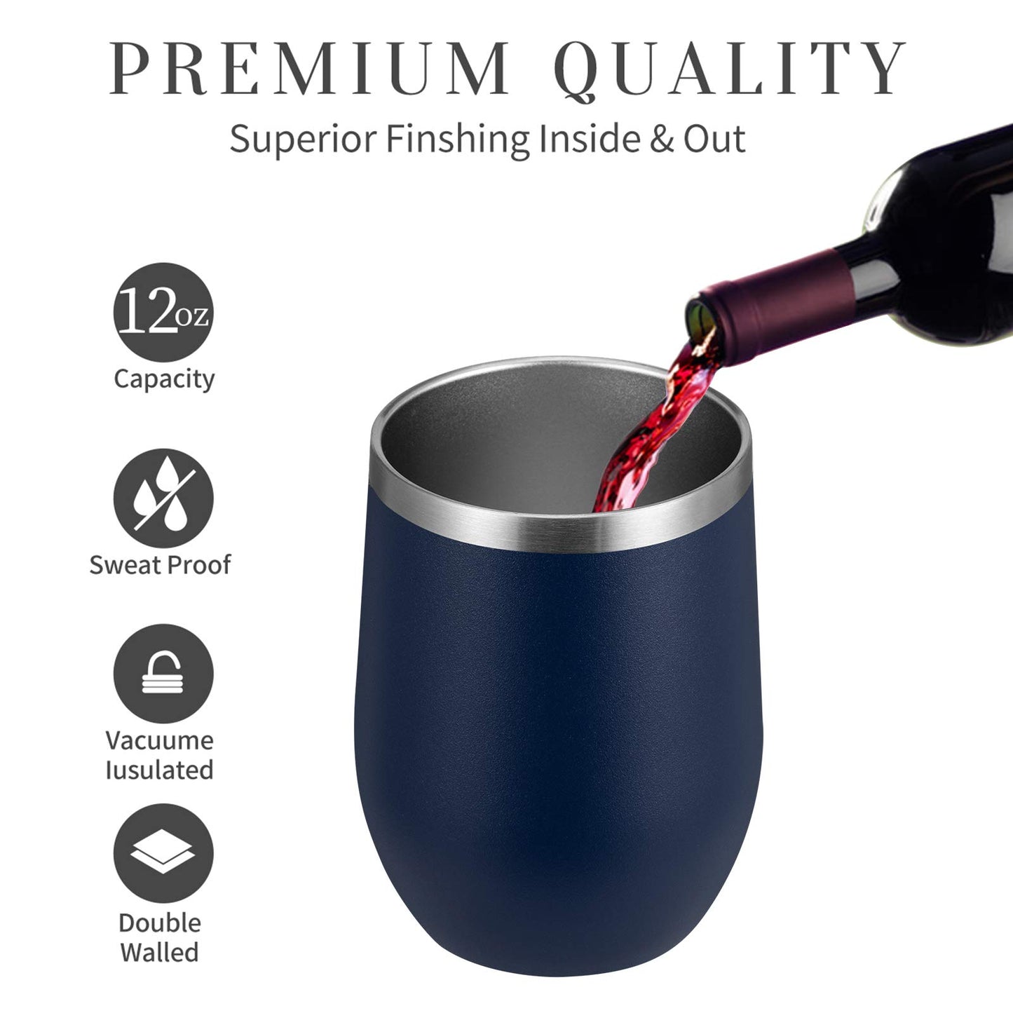 MEWAY 12oz/8 Pack Wine Tumbler Glasses with Lid - Stemless Double Wall Vacuum Stainless Steel Travel Tumbler - Keeping Cold & Hot for Wine,Coffee,Cocktails,Drinks-Family and Gifts (Navy,Set of 8)