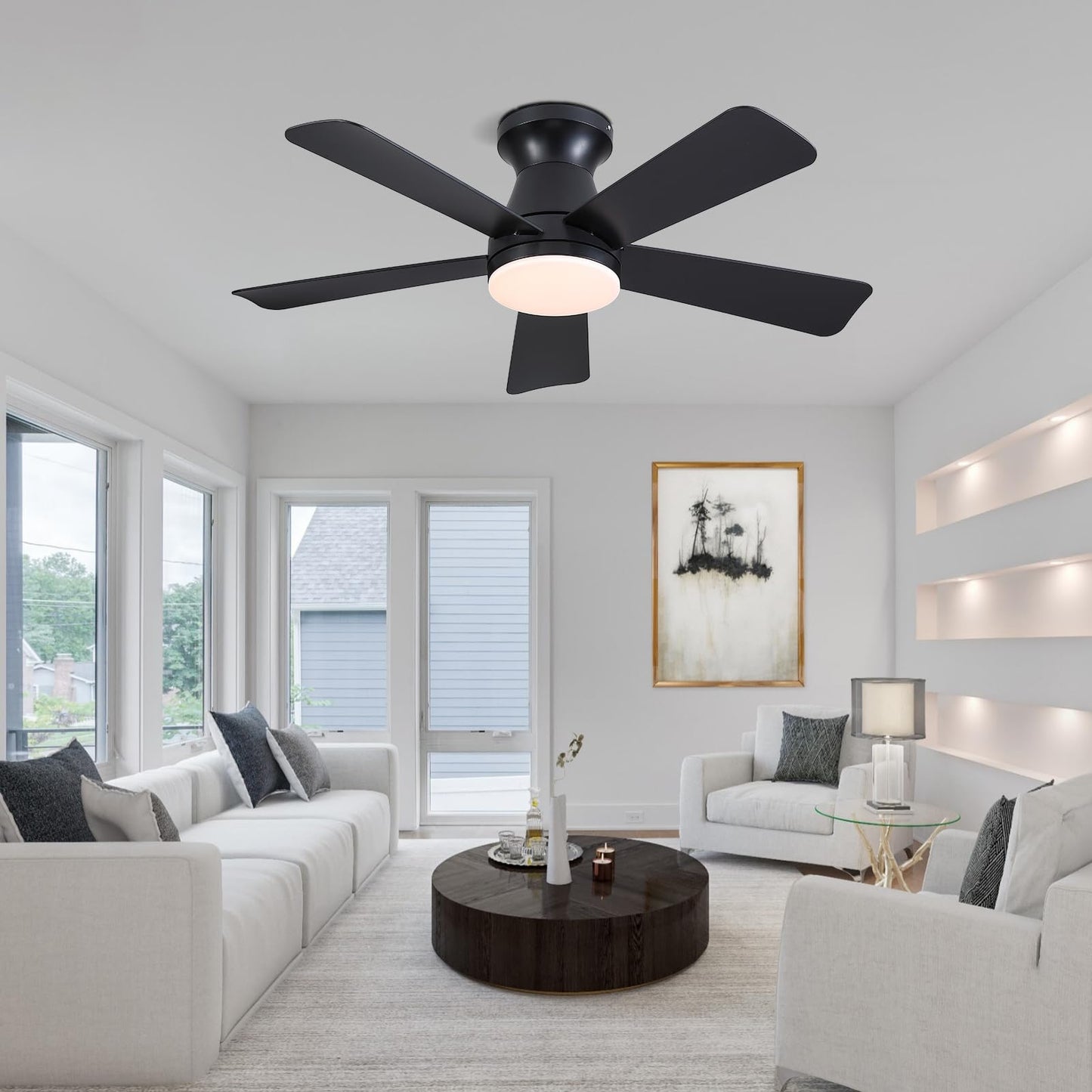 Goniyado 41" Black Low Profile Ceiling Fans with Lights and Remote, Modern Flush Mount Ceiling Fan Light with Quiet Reversible DC Motor for Bedroom Kitchen